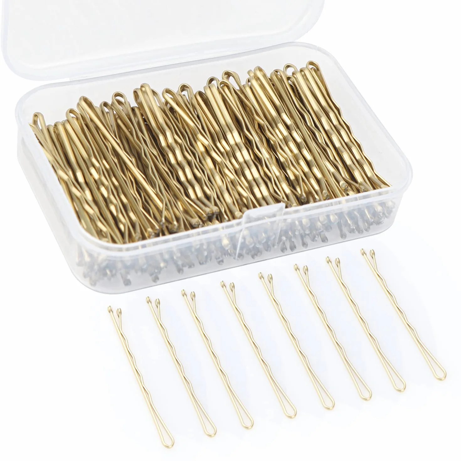 OWill Horquillas pelo mujer 150 unidades doradas 5 cm metal onduladas moño recogidos caja portátil