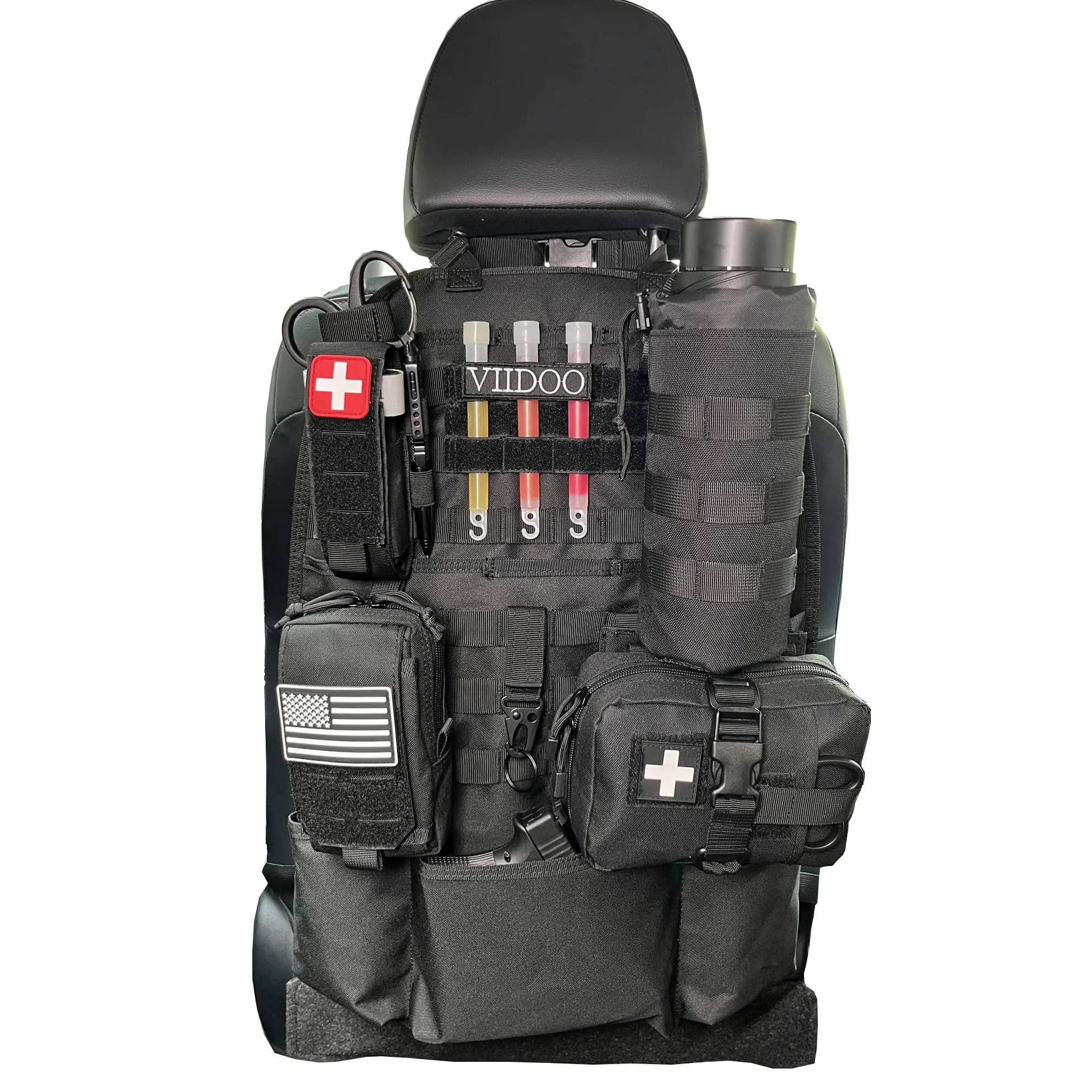 Molle - Organizador de asiento de coche táctico con bolsas Molle para el asiento del coche, protector para asiento de coche, color negro