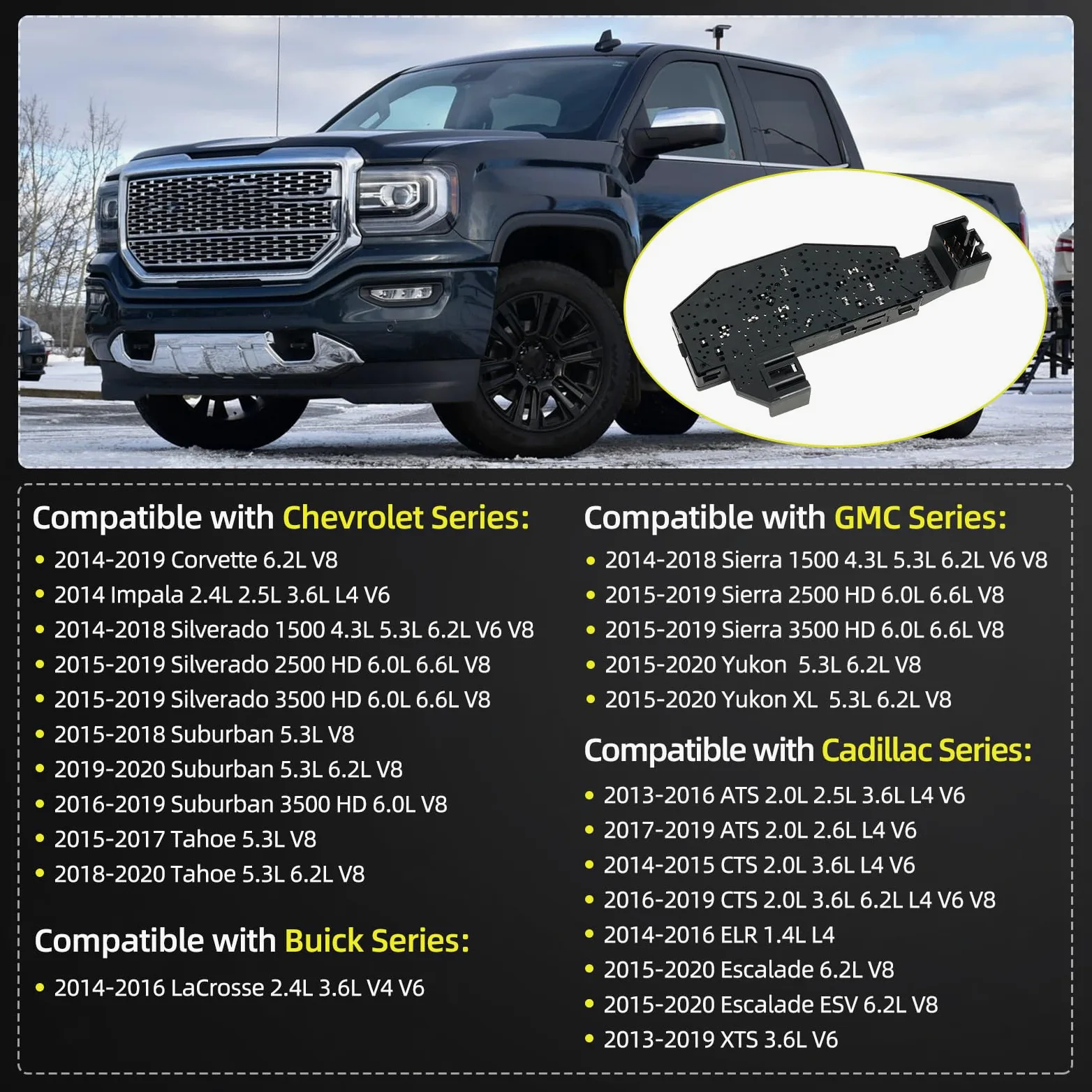 Interruptor de asiento eléctrico 23247095 compatible con Chevy Silverado Suburban Tahoe Corvette GMC Sierra Yukon XL 2014-2016, Cadillac 2013-2020, interruptor de ajuste del asiento izquierdo