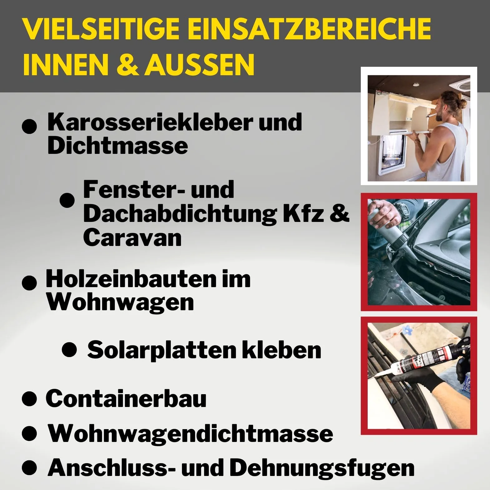Adhesivo para carrocería, adhesivo de montaje, sellador para auto, autocaravana, interior + exterior, resistente a los rayos UV, adherencia en todas las superficies, adhesivo para caravana