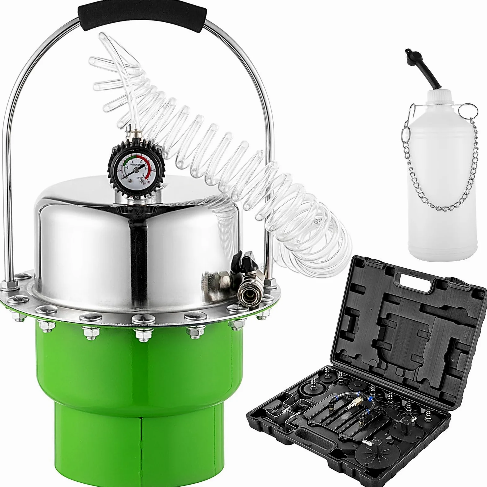 Kit de purga frenos presión aire neumático, herramienta cambio aceite líquido coche con tanque 5L for purgar el y embrague Funcionamiento Estable(Groen)