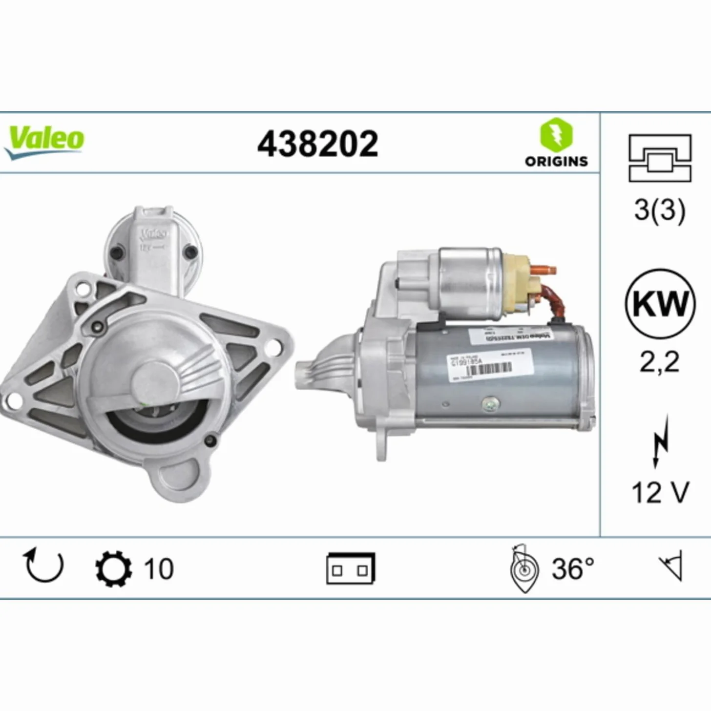 VALEO-438202-Motor de arranque- Potencia nominal: 2,2 kW - Stop & Start: NO - Número de dientes: 10 dientes - Tensión: 12 V - Sentido de rotación: CLOCKWISE