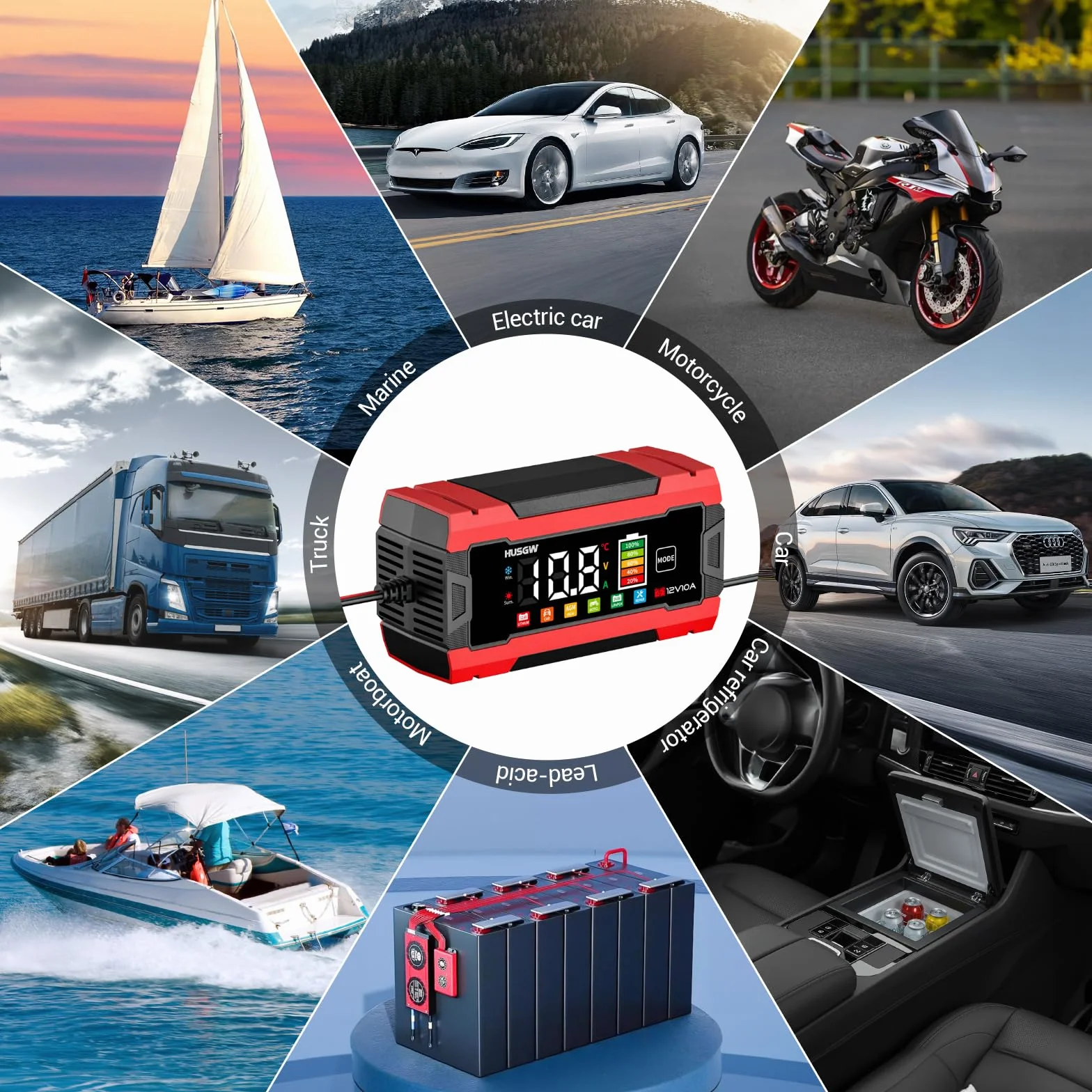 12V 10A Cargador de Batería de Coche, LiFePO4 Cargador de Batería de Moto, Proceso de Carga de Tres Etapas, Protección de Seguridad Múltiple, para Auto, Moto, AGM, Gel, Wet, SLA, LiFePO4 (10 Rojo)