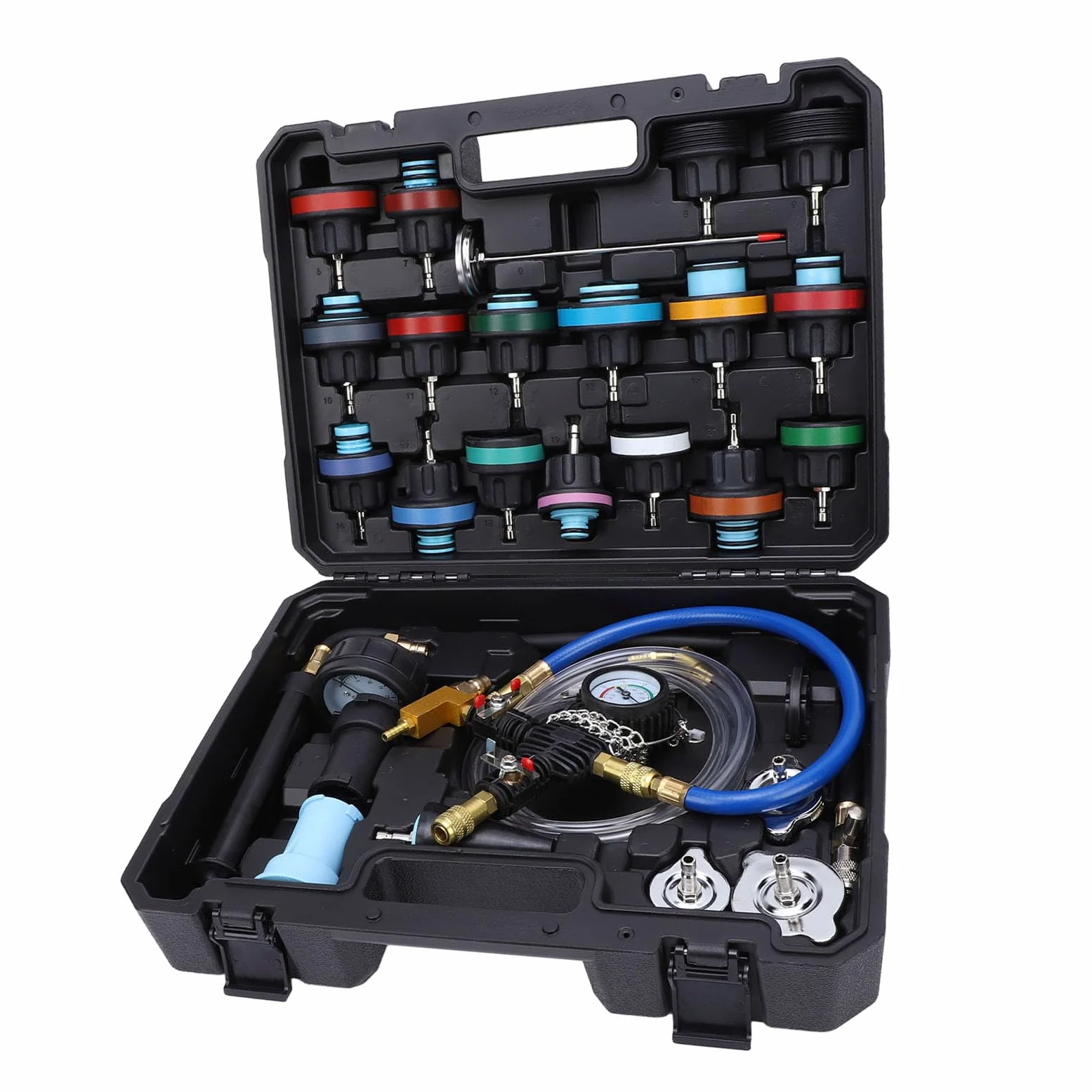 RiToEasysports Kit de Probador de Presión de Radiador, Kit de Probador de Presión de Refrigerante de Metal y ABS, 28 Piezas con Termómetro Indicador y Recambio de Vacío para Comprobación de Fugas