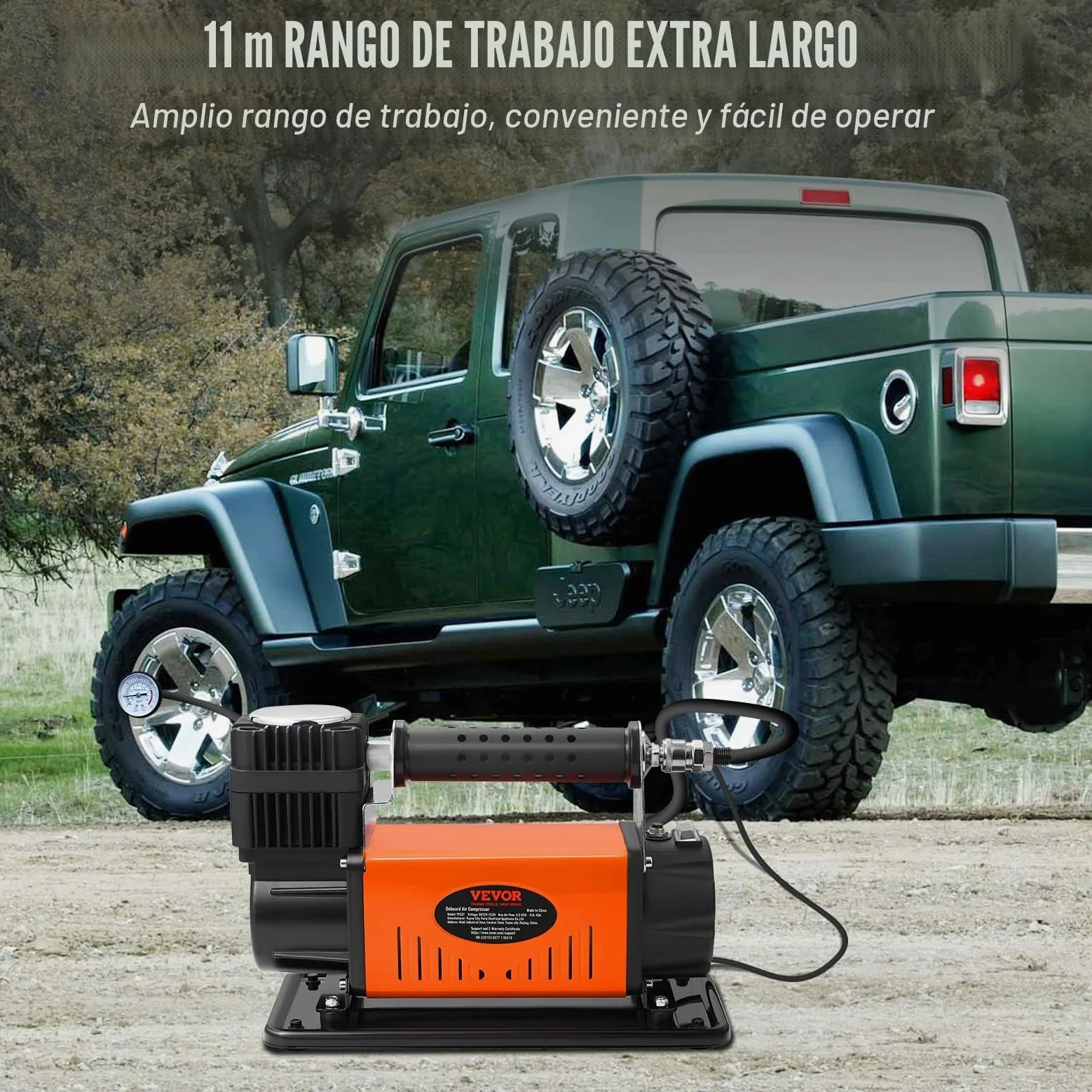VEVOR Compresor Automático con Motor 12V Inflador Portátil de Neumáticos de Coche 150PSI 6CFM Protección Térmica Bomba de Aire Cable de Alimentación Manguera de Aire de 3m 7,9m para Inflar Camión SUV