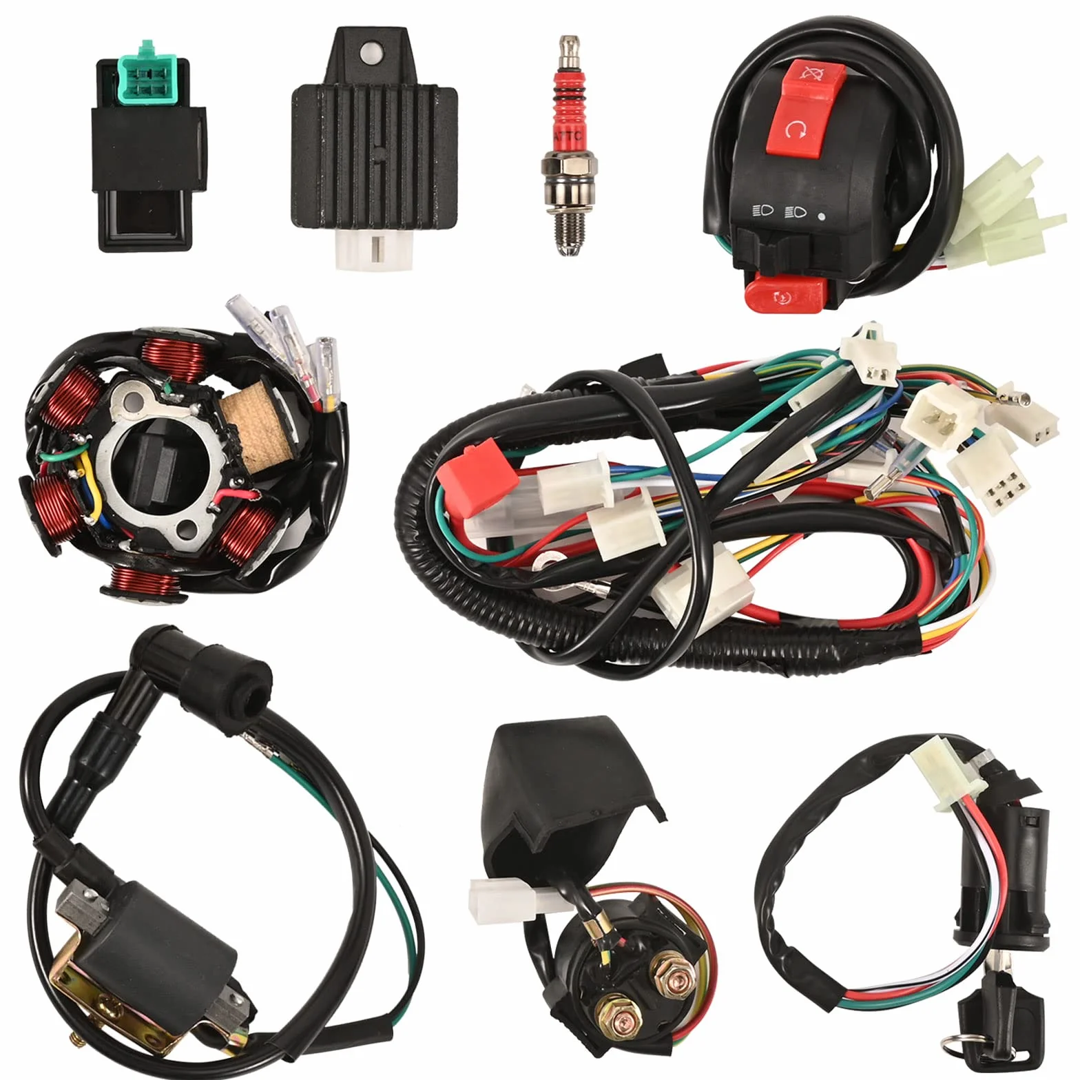 Trkimal Arnés de cableado completo de 6 pines para quad, estator, bobina, CDI, arnés de cables, solenoide, relé, bujía para 4 tiempos ATV 50cc 70cc 90cc 110cc 125cc Pit Quad Dirt Bike Buggy Go Kart