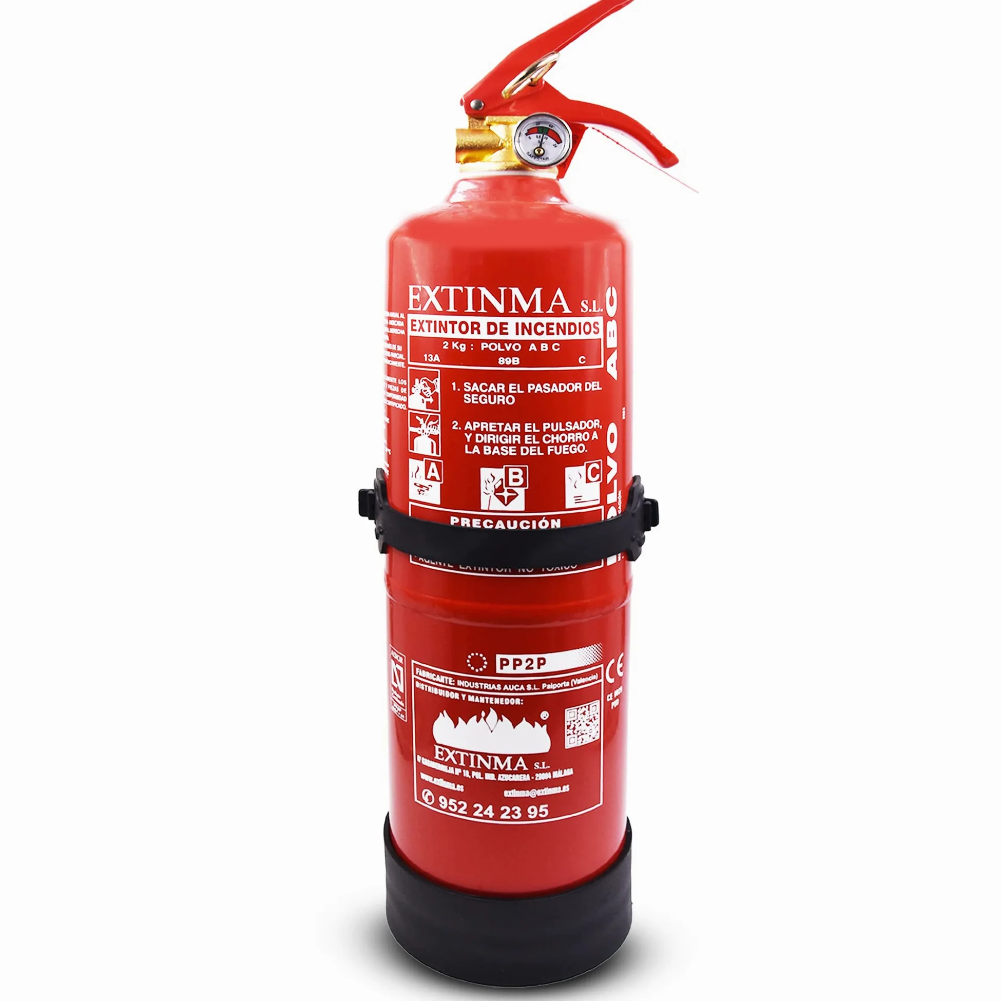 Extintor Polvo ABC 2kg con soporte, homologado CE y AENOR. Ideal para coche, casa, caravana, camper, autocaravana. Alta eficacia. Portátil, compacto. Fabricado en España. Seguridad total.