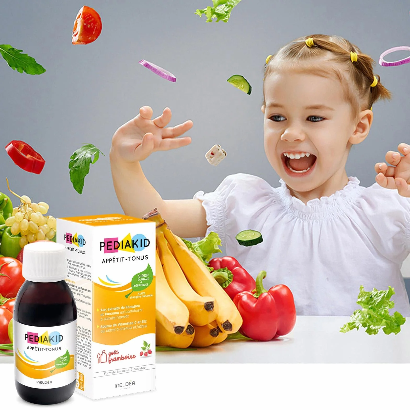 PEDIAKID Apetito-Tono Complemento alimenticio Sirope de Agave Estimula el apetito Aumentar peso Aroma Natural Frambuesa 125 ml