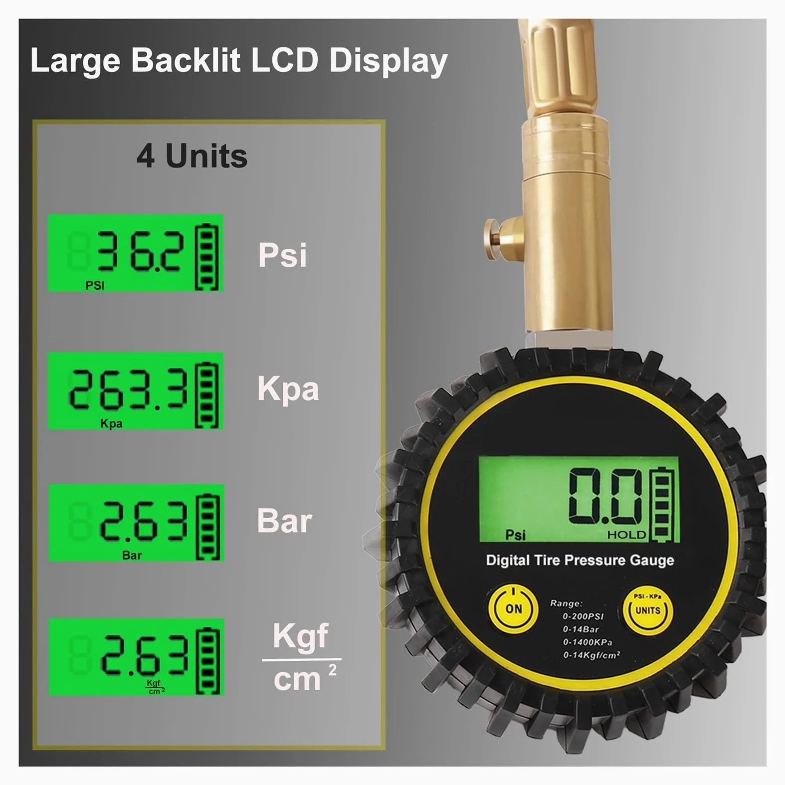 Manómetro de neumáticos Manómetro De Presión De Neumáticos De Coche, 200 PSI, con Manguera Flexible Y Pantalla LCD Retroiluminada, Manómetro Digital For Coche, Camión, SUV