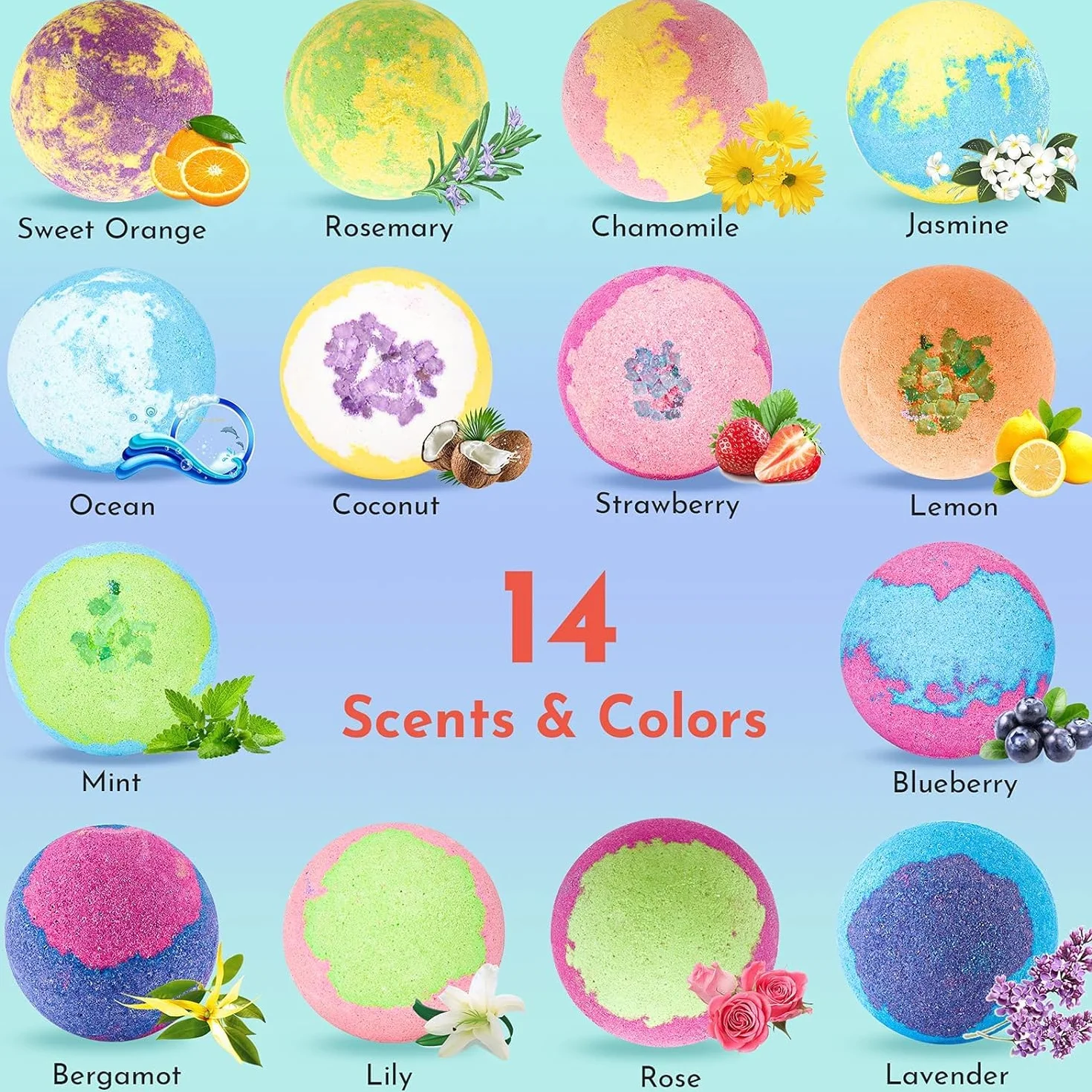 Bombas de Baño Naturales para Niños - Set 14 Bolas con Aceites Esenciales Regalo