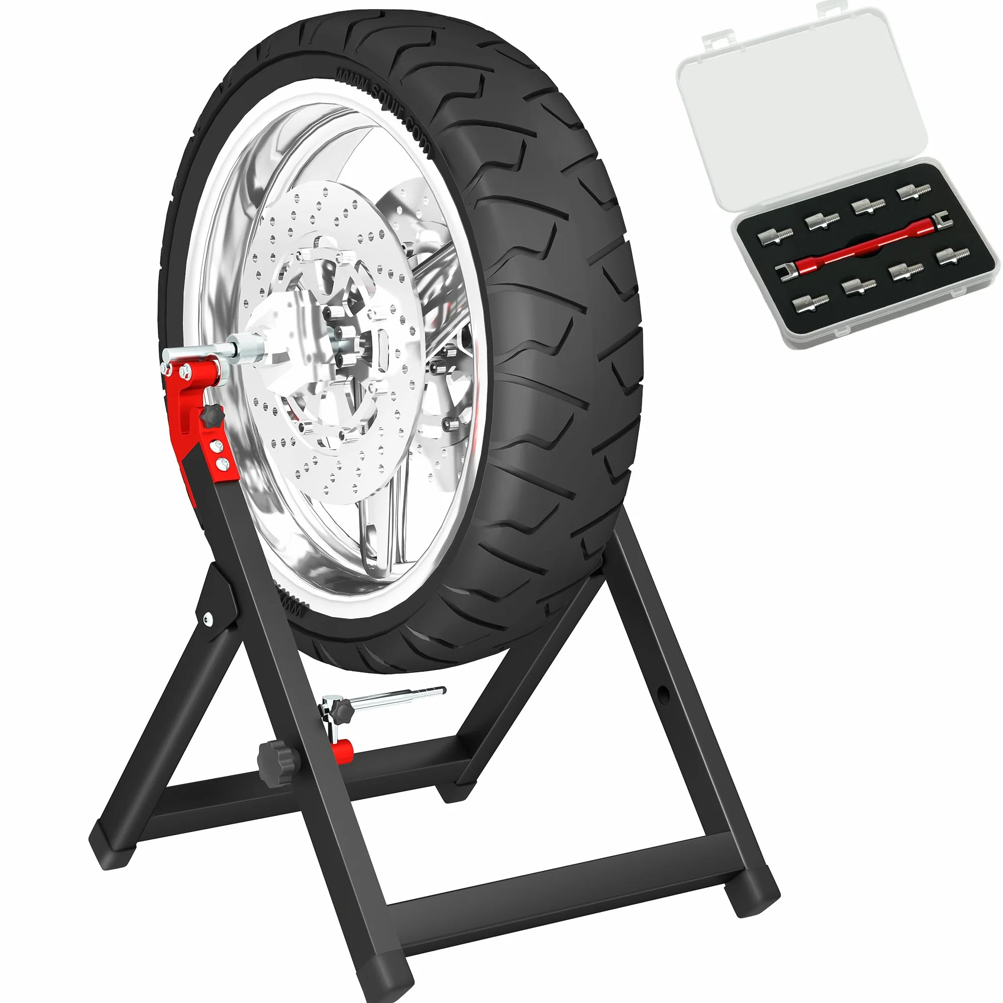 HOMCOM Soporte plegable de equilibrado de ruedas de moto, acero, Negro | Llave radios, soporte equilibrado acero, eje aluminio, para ruedas hasta 23 pulgadas diámetro, 5 pulgadas ancho