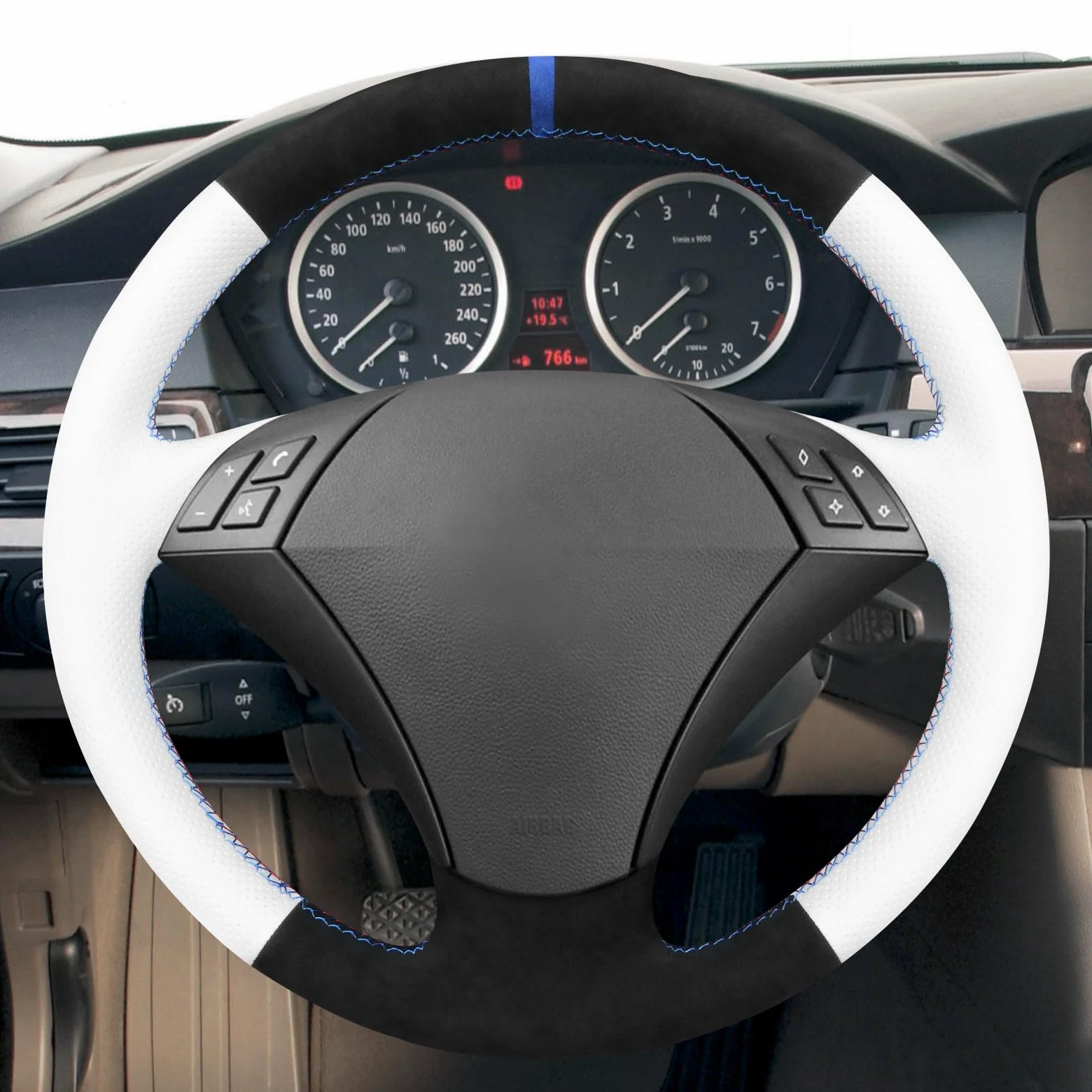 MEWANT funda para volante de cuero blanco con costura DIY para E60 (sedán) 530d 2003-2009 E61 (touring) 2004-2009 Accesorios para volante para E60 530