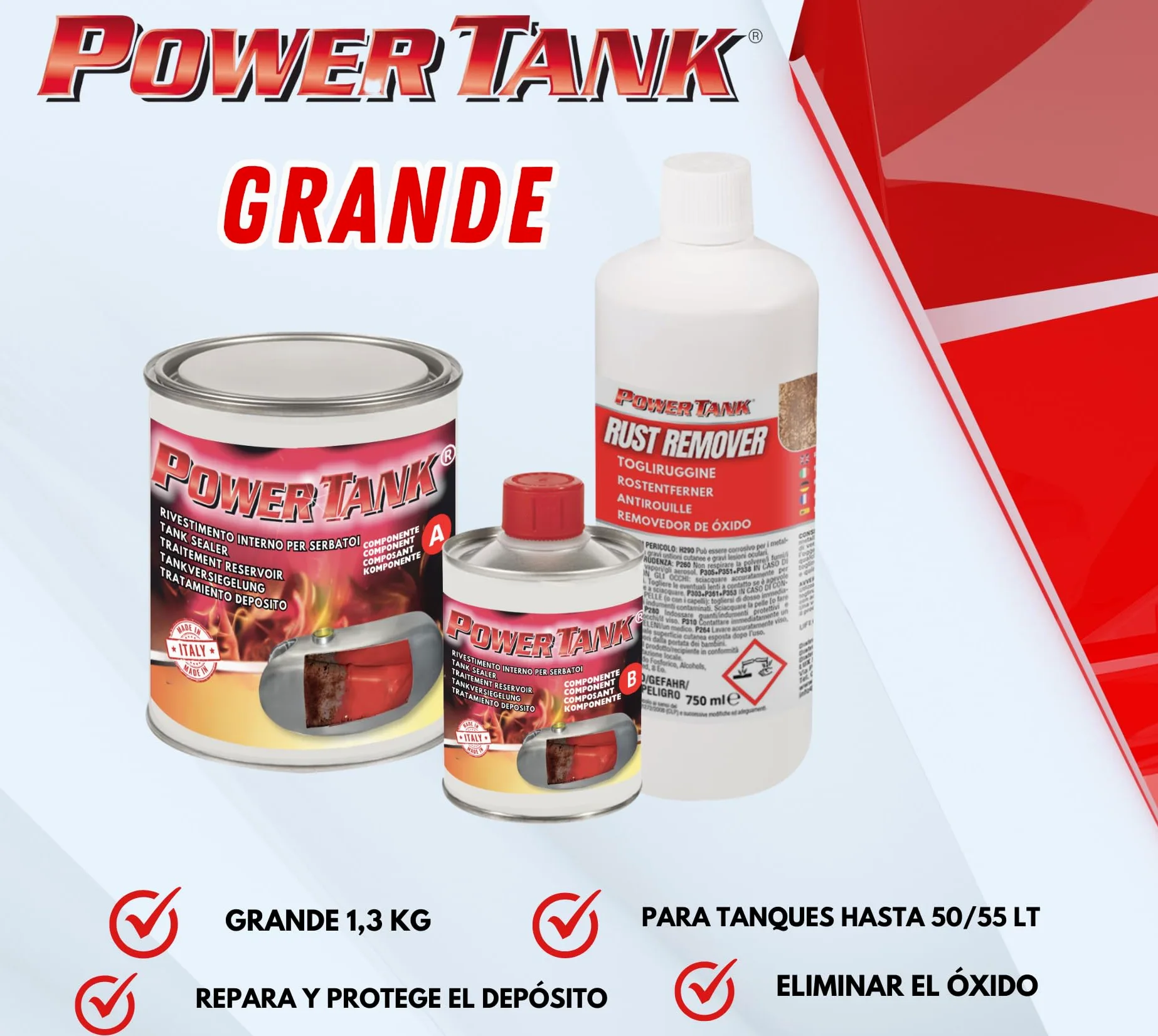 Power Tank - Tratamiento Tanque Deposito Auto (50/55 litros) Kit Grande Rojo 1,3 kg para Interior Tanques de Gasoil y Gasolina Elimina Óxido Repara Protege Tanques Oxidados de Autos, Motos de Época.