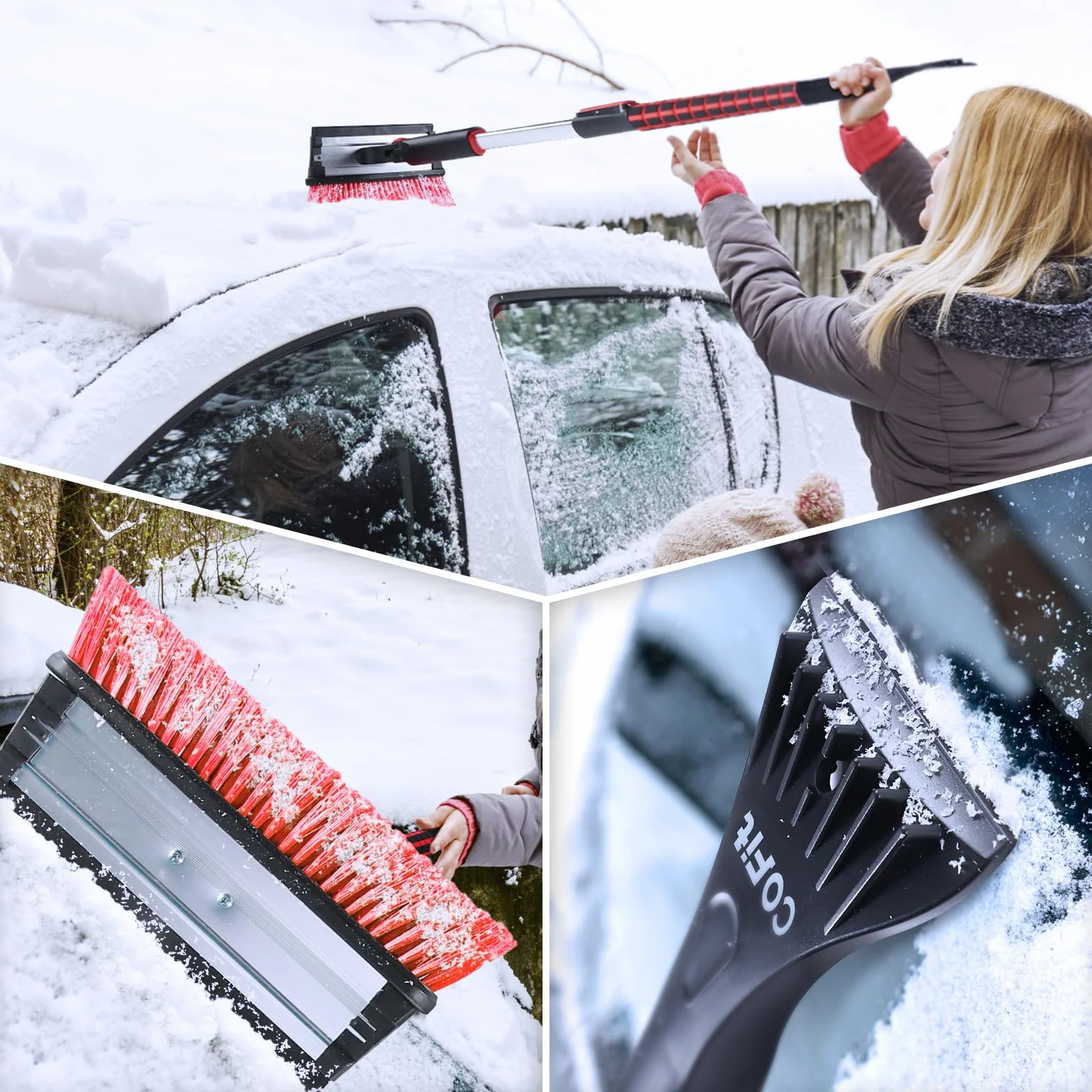 COFIT 3 en 1 Cepillo de Nieve y Rascadores Hielo con Telescopico Mango, 100cm Rasqueta Vitroceramica Parabrisas, Herramienta Quitar Sin Arañazos para Autocaravanas Camion SUV Exterior Limpieza, Rojo