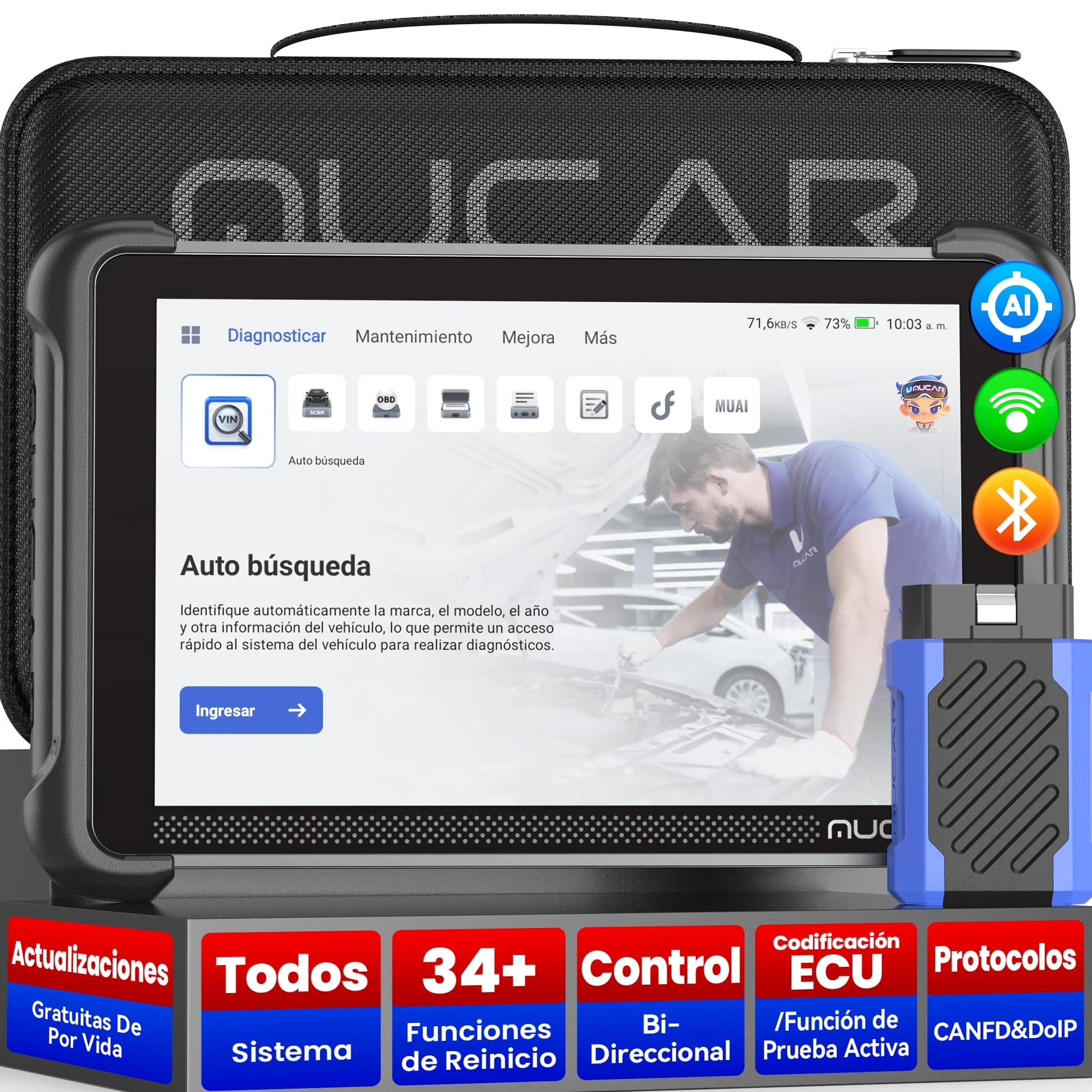 mucar OBD2 Diagnosis con AI Assist, 892BT Diagnosis Coche Multimarca con 34 Funciones De Reinicio + Todos Sistema, OBD2 Diagnóstico para Control Bi-Direccional/Codificación ECU-Actualización Gratuita | 34 Funciones De Reinicio Todos Sistema, OBD2 Diagnóst