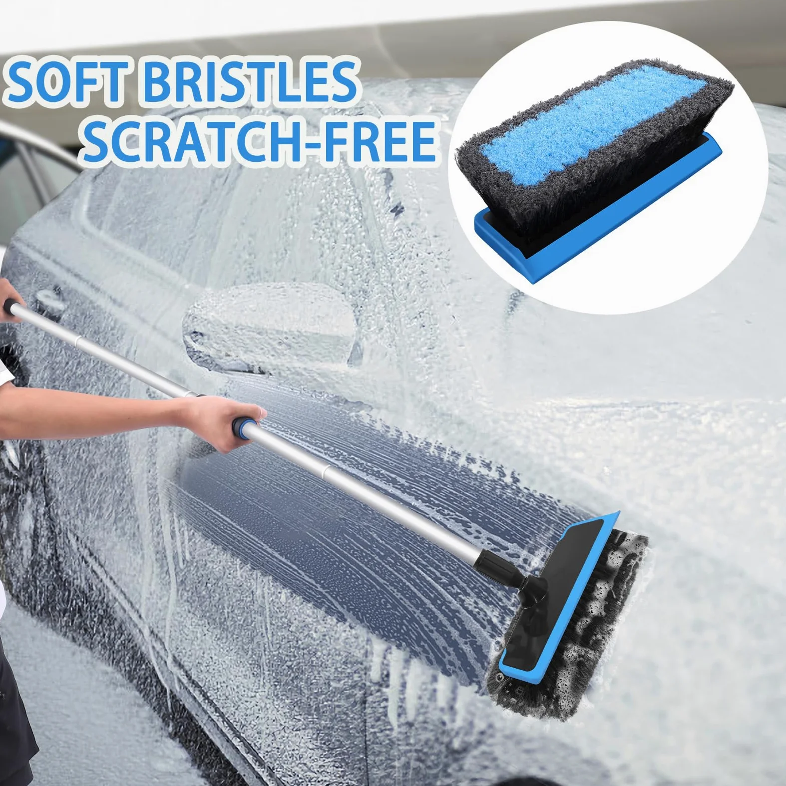 Wontolf Cepillo de Lavado de Coche de 62 Pulgadas con Mango Largo, cerdas Suaves sin arañazos, Cepillo Resistente para Lavado de Coche, Kit de Limpieza Completo con Guante de Lavado de Coche, Toalla,
