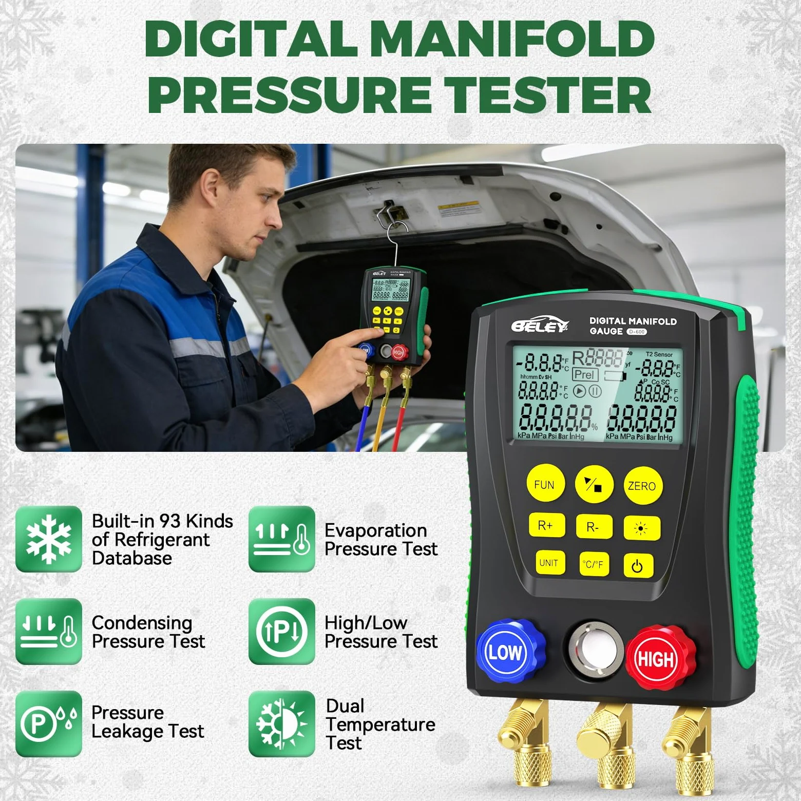 Manómetro Digital para Aire Acondicionado Kit HVAC con Base Datos 93 Refrigerantes, 150cm Mangueras de Refrigerante y Clips de Temperatura para Mantenimiento de Aires Acondicionados y Frigoríficos