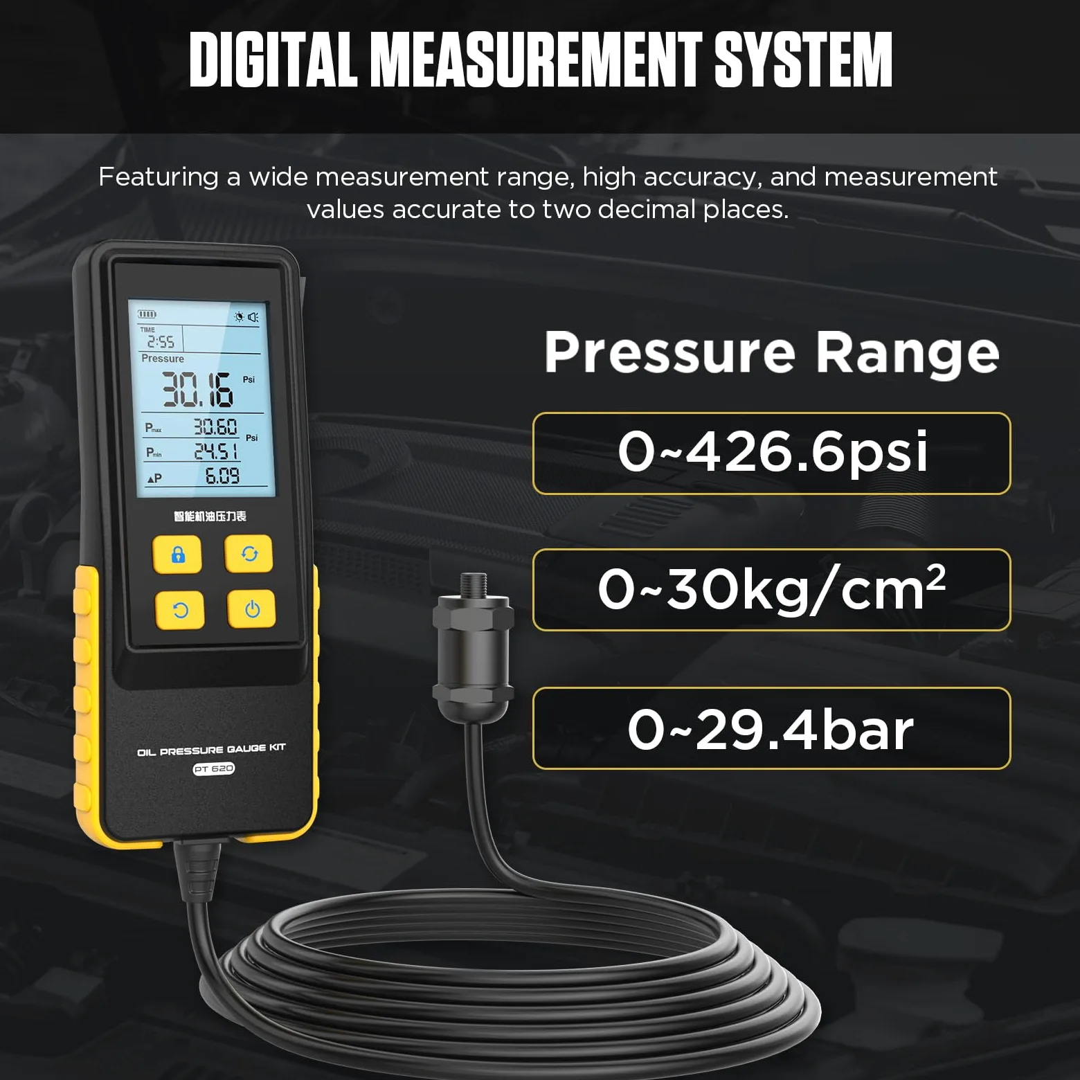 PT620 - Kit digital de medidor de presión de aceite, probador de diagnóstico de motor de 0-426.6 PSI con pantalla LCD retroiluminada de 2.8 pulgadas, conmutación multiunidad, 17 adaptadores de