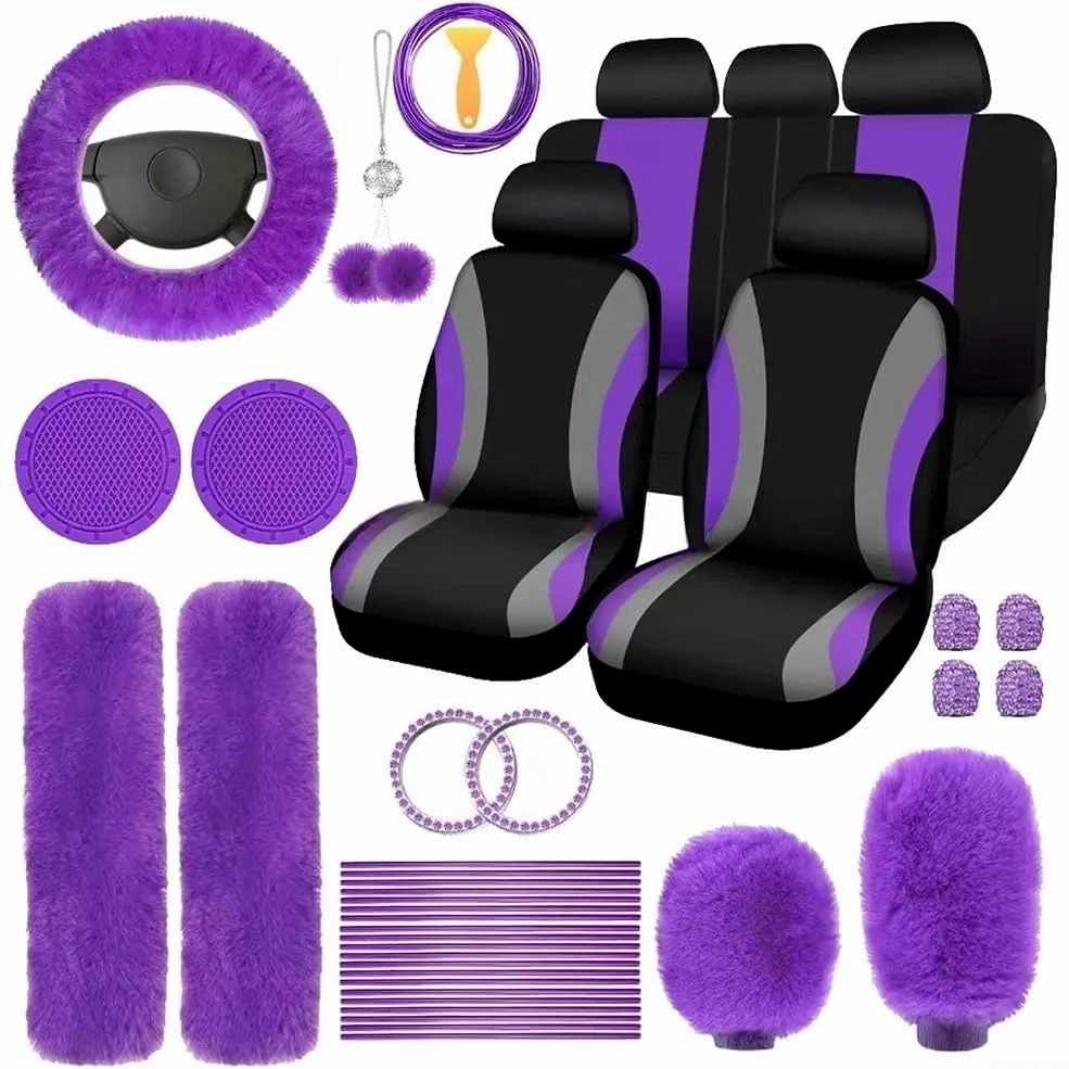 Juego completo de 45 accesorios para coche, incluye fundas de felpa para volante y palanca de cambios para mayor comodidad (morado)