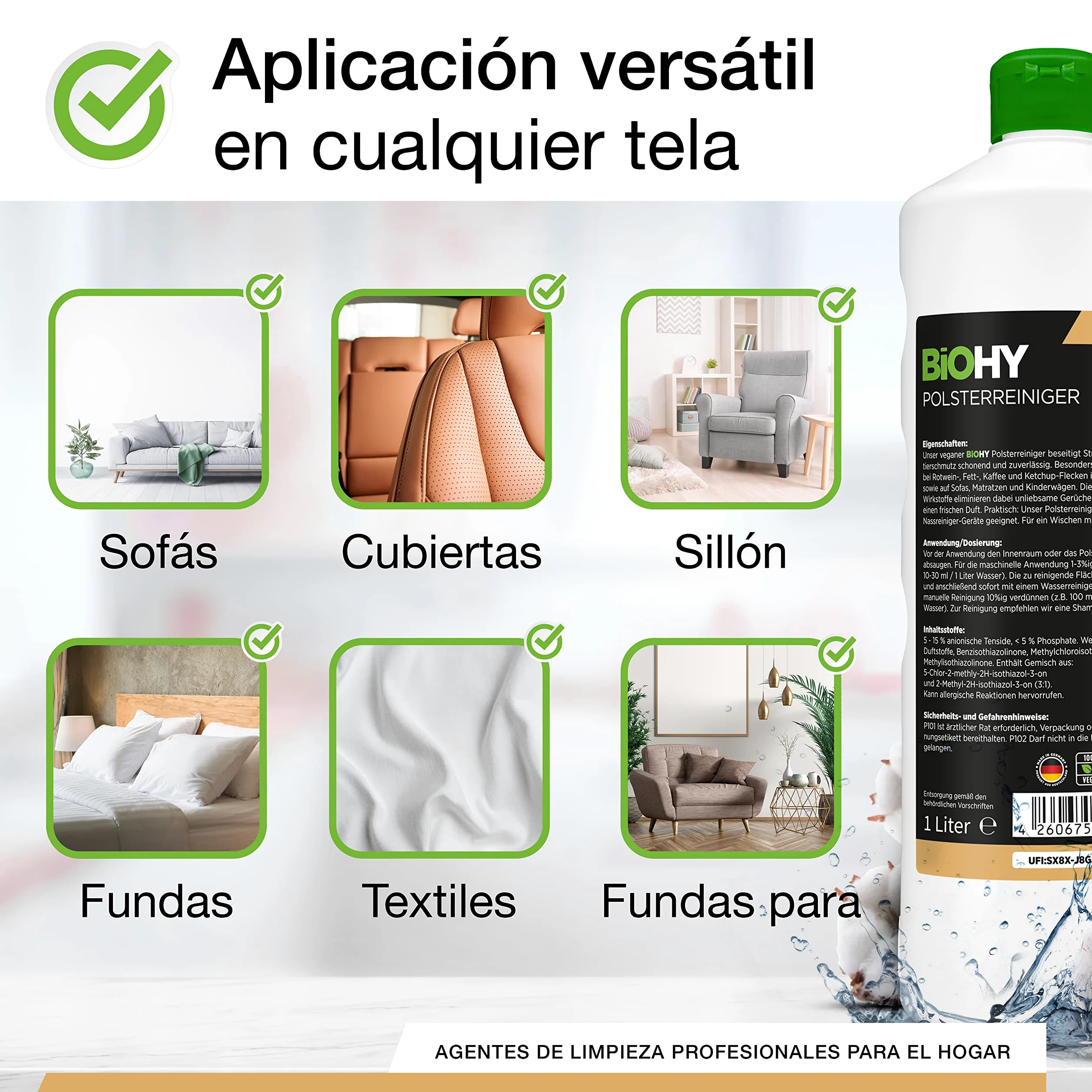 BiOHY Limpiador tapicerías (12 botellas de 1 litro) + Dosificador | Ideal para asientos de coche, sofás, colchones, etc. | También es adecuado para las lavadoras (Polsterreiniger)
