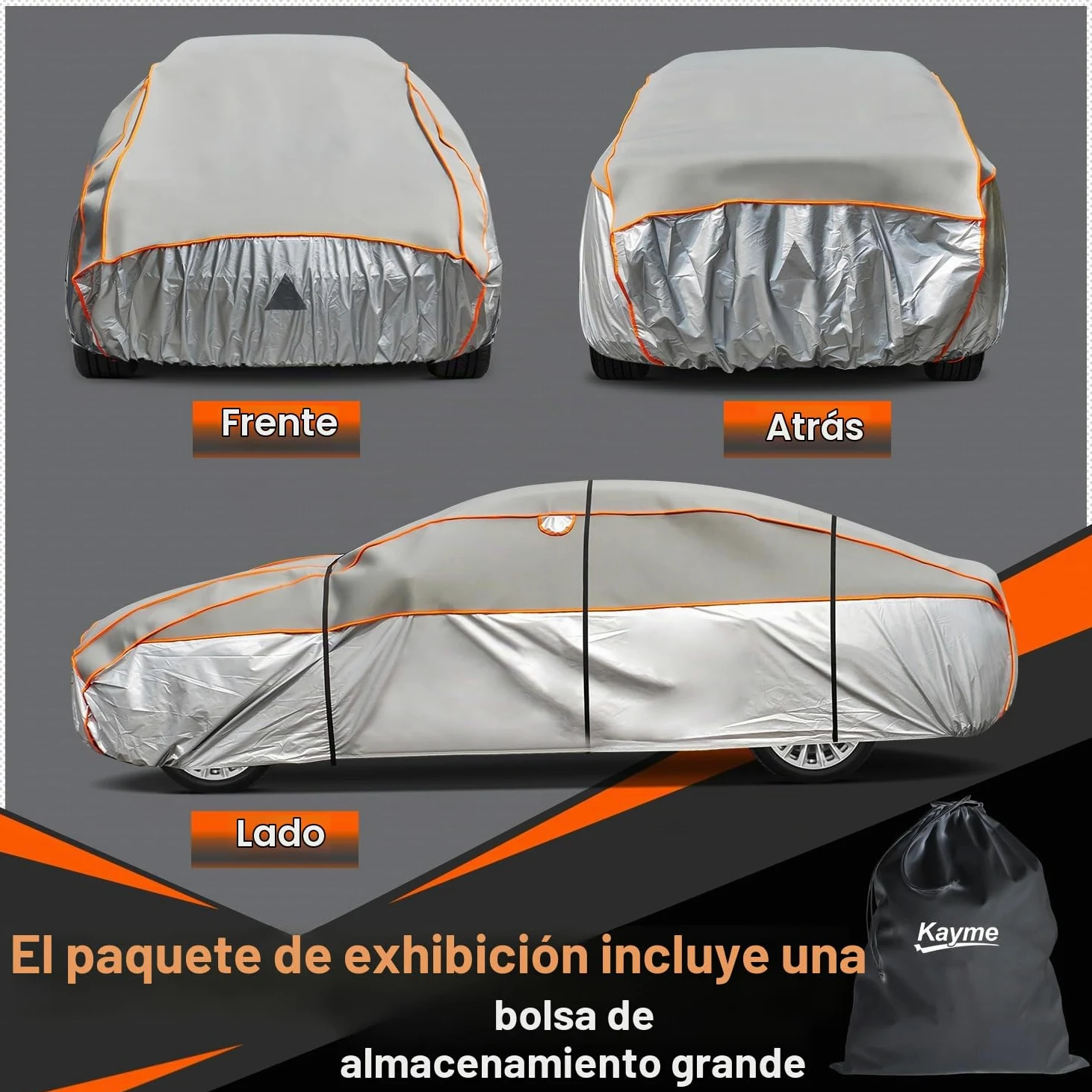 Funda Coche Antigranizo, Kayme Cubre Coches Exterior Impermeable Transpirable Antipolvo Anti-UV, Funda Repelente Cubierta para Coche con Tira Reflectante para Sedán (475 a 495 cm) 3XL Gris