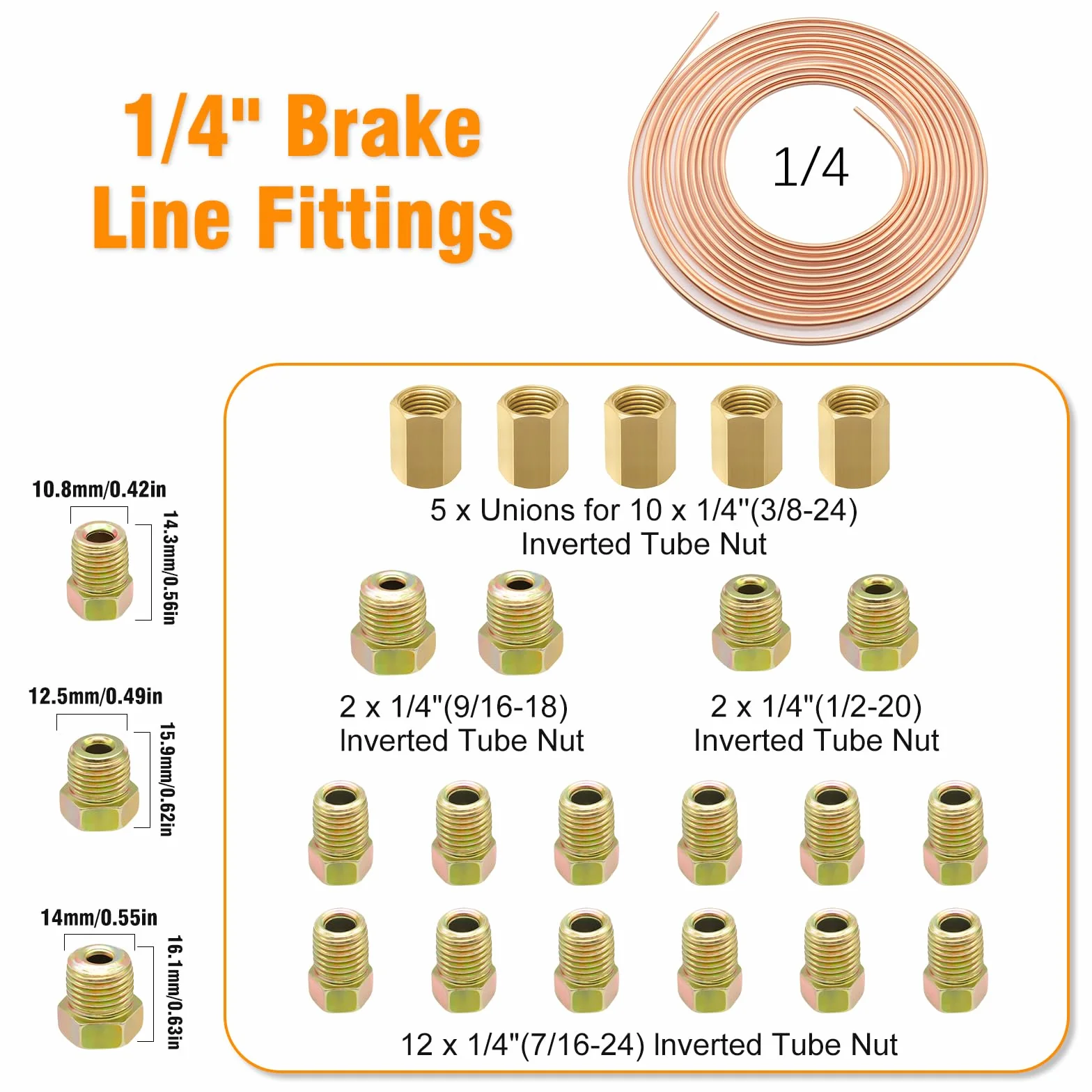 Juego de herramientas para ensanchar el tubo de freno, 7,62 m de diámetro de 4,75 + 6,35 mm de diámetro, cable de freno de acero revestido de cobre, con 32 conectores de línea de freno+10 conectores,