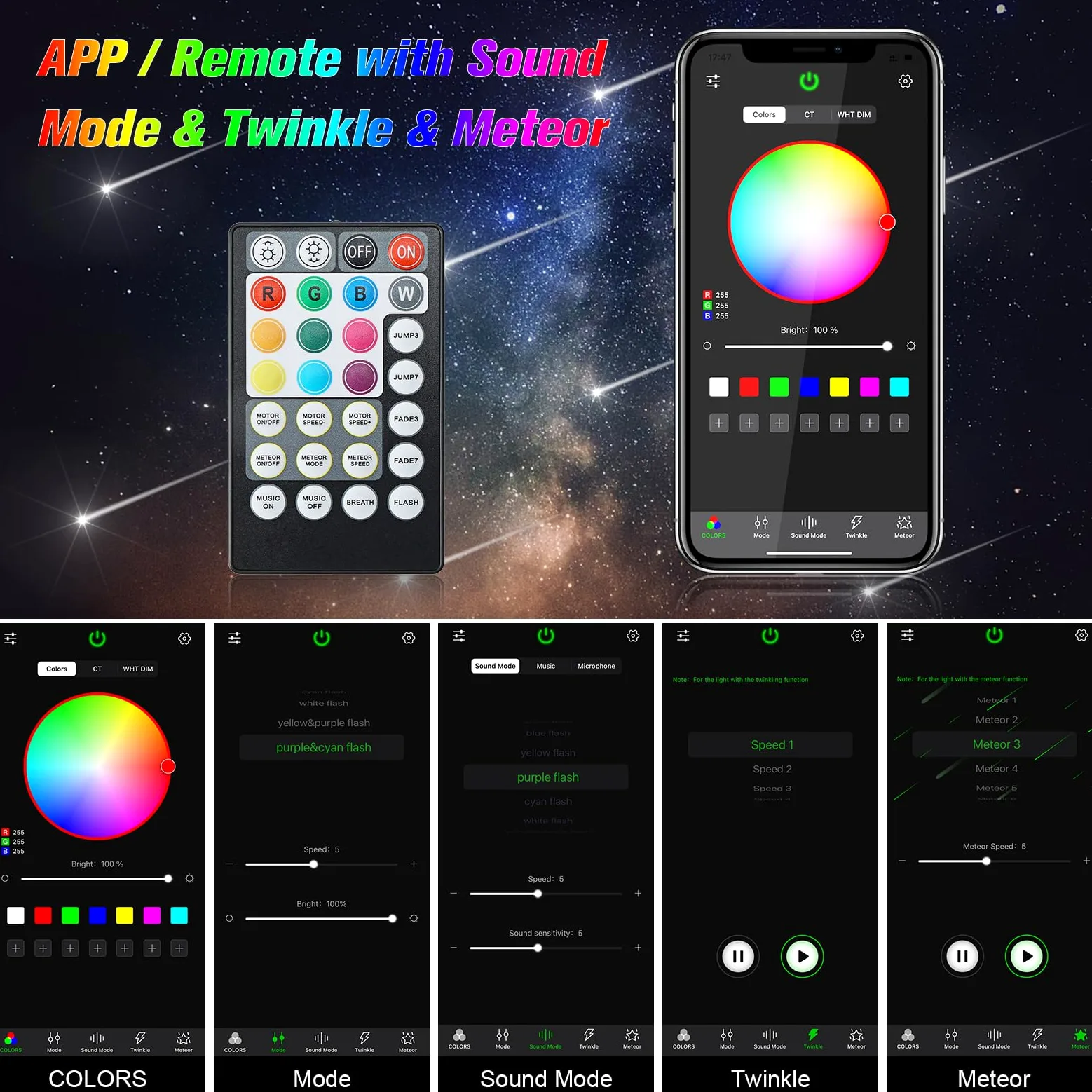 CHINLY 12W Meteoro Luces Techo Estrellado Coche, RGBW Control por APP Bluetooth y Mando, Activación por Música, 450pcs of (0,75mm+1,0mm+1,5mm)*3m Kit Luces Fibra Optica para Coche/Cine/Hogar