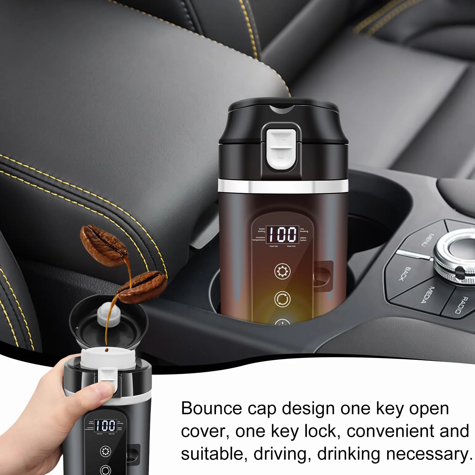 PORFOYO Hervidor de agua para coche, 12 V, minihervidor de café, 500 ml, negro, hasta 100 ℃, control de temperatura variable para camiones, viajes, camping