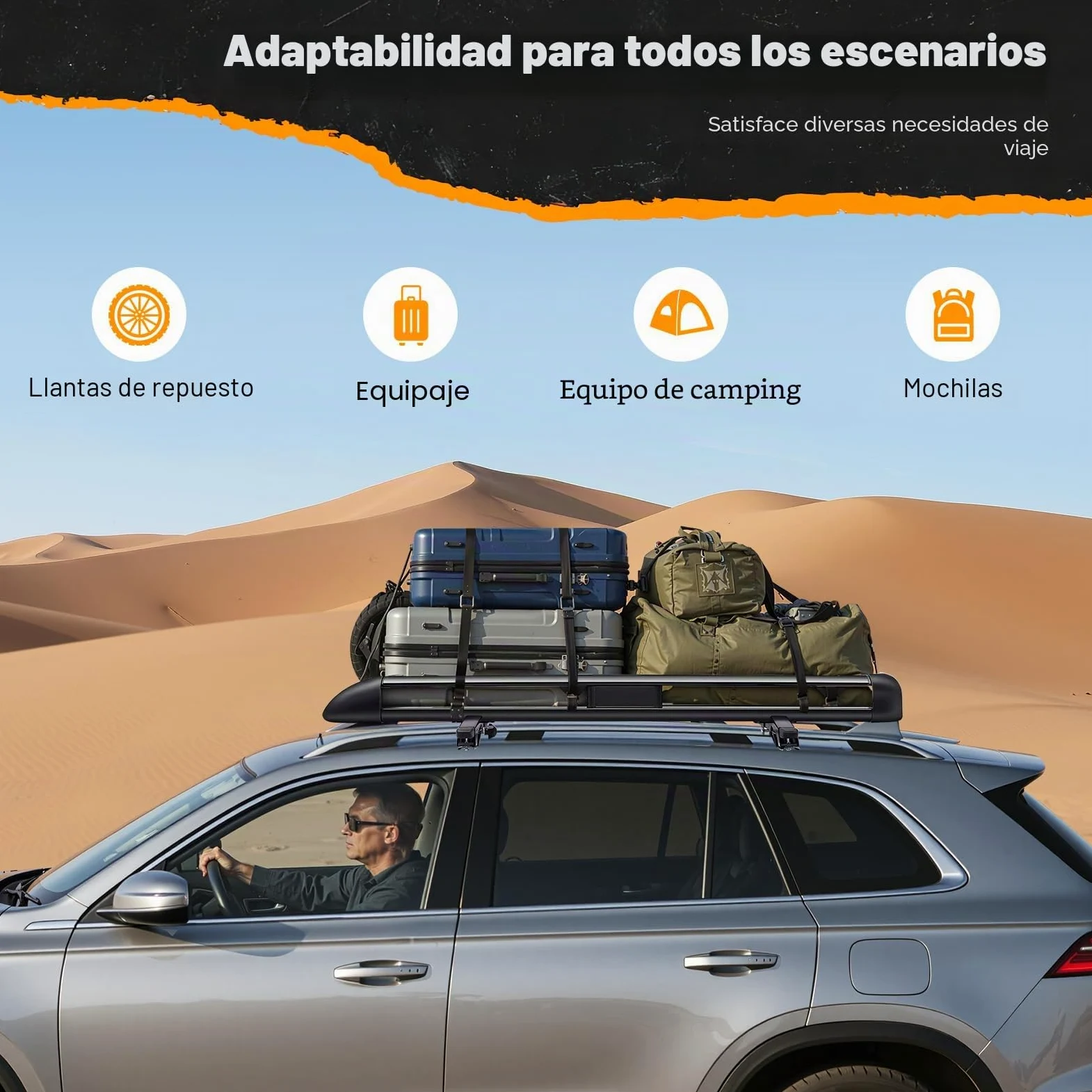 Barra de techo universal para coche, reling de carga de acero de 127 cm, barra de techo con capacidad de carga de 68 kg, estante para equipaje negro para camping, barbacoas, viajes en coche