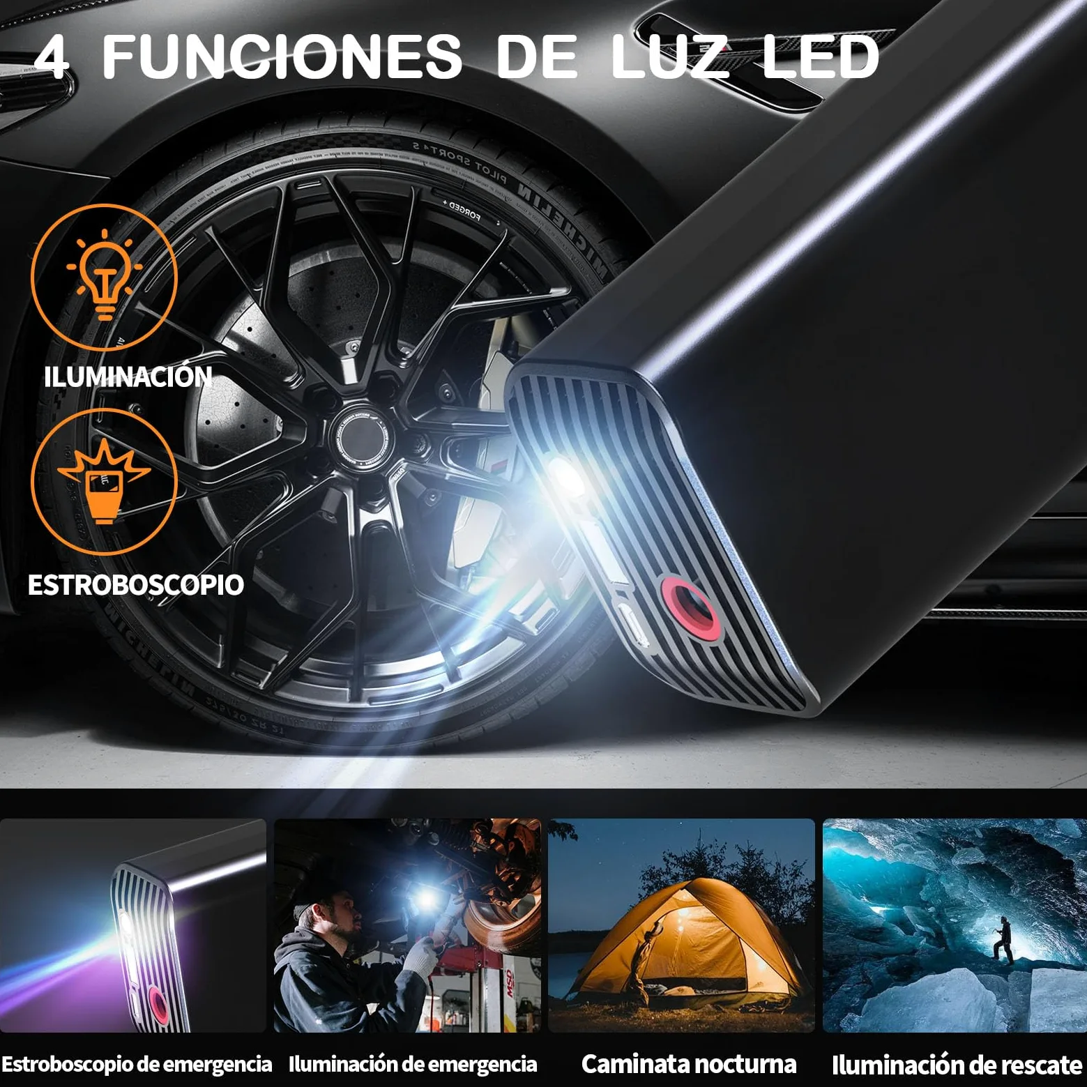 FOWAWU 6000mAh Compresor Aire Portatil, 150PSI 12V DC Bomba de Aire Bicicleta Electrica con gran pantalla doble LCD y Linterna LED, Inflador Ruedas Coche para Moto, Bicicletas, Pelotas