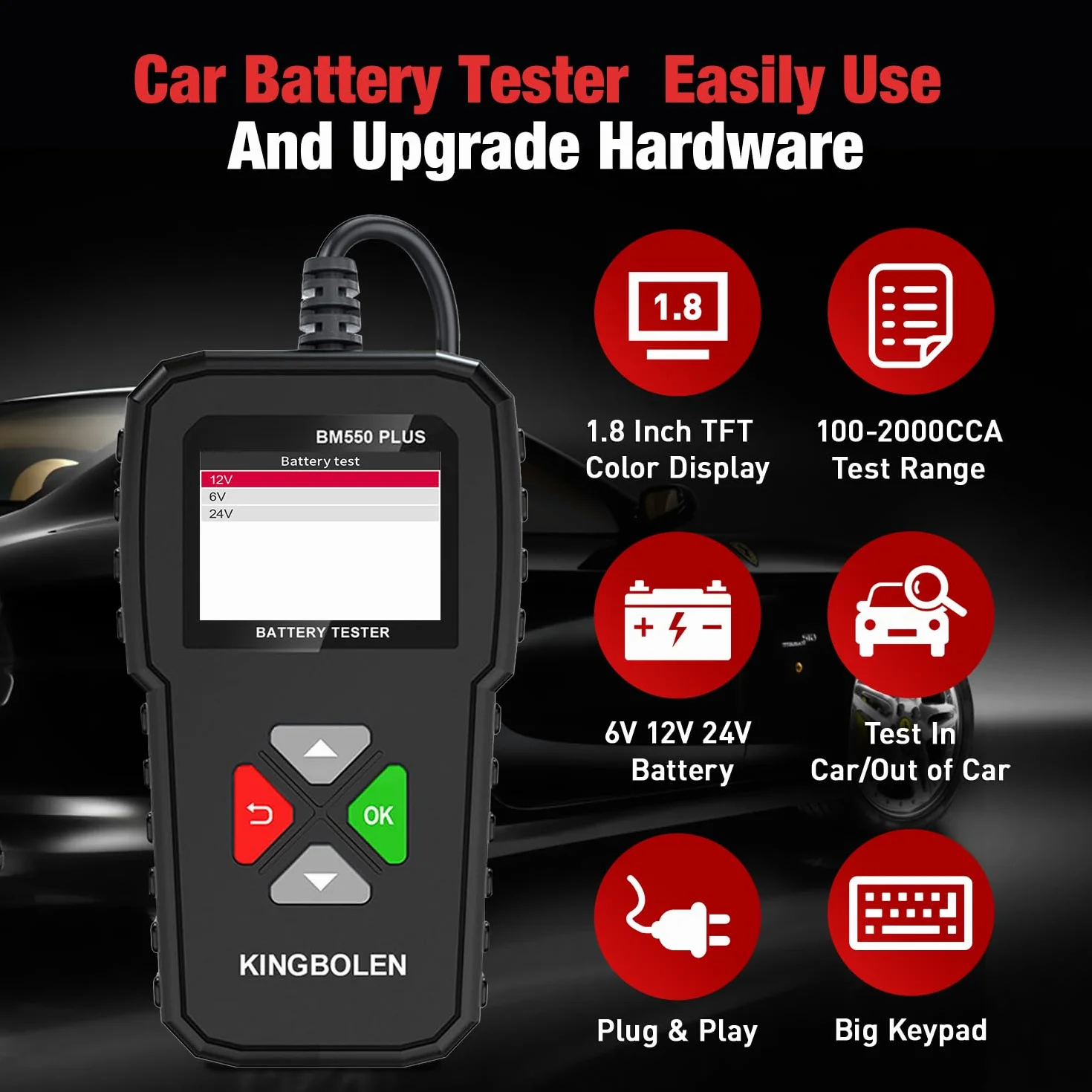 KINGBOLEN Comprobador de baterias de coche 24V/12V/6V, BM550 PLUS 2-220Ah 100-2000 CCA Pantalla LED arrancador baterias coches comprobador de pilas para coche apto para automóviles motocicleta ATV SUV
