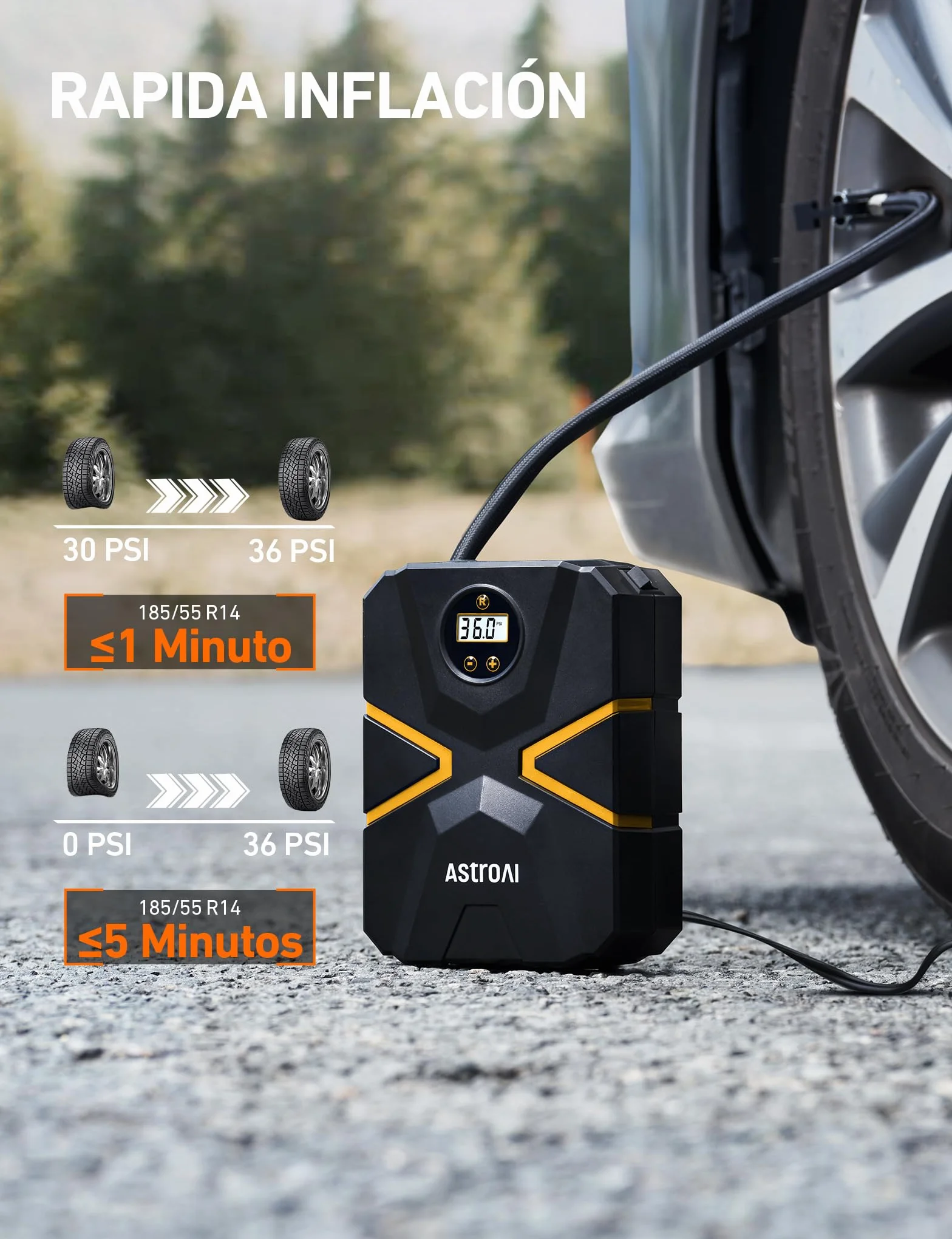 AstroAI Inflador Ruedas Coche Digital 12V, Compresor Aire Portátil 150 PSI, Hinchador Neumáticos Eléctrico Multiuso con Pantalla LCD y Luz LED Apagado Automático para Coche, Bicicleta, Moto y Etc.