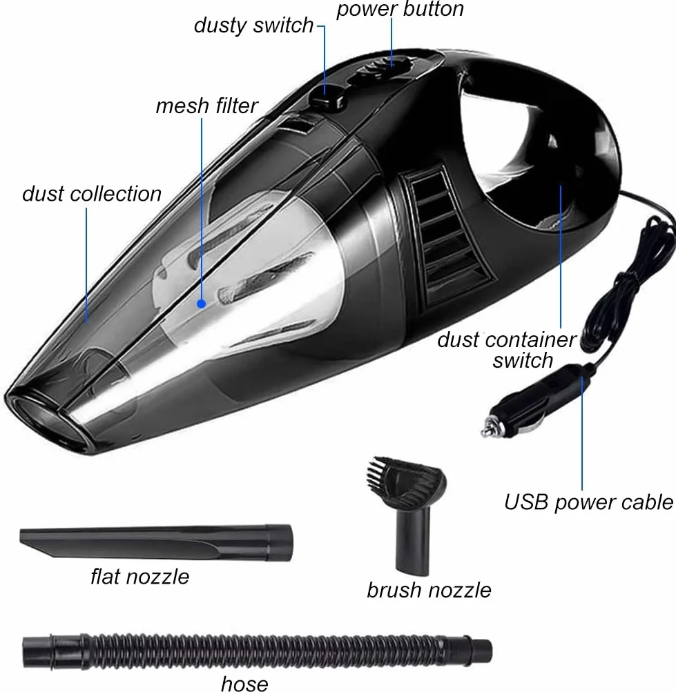 Aspirador de coche Aspirador portátil de mano 120W Aspirador en seco/húmedo 5KPA Potencia de succión 22000r/min Velocidad nominal con cable de alimentación de 11,5 pies para el hogar, automóvil
