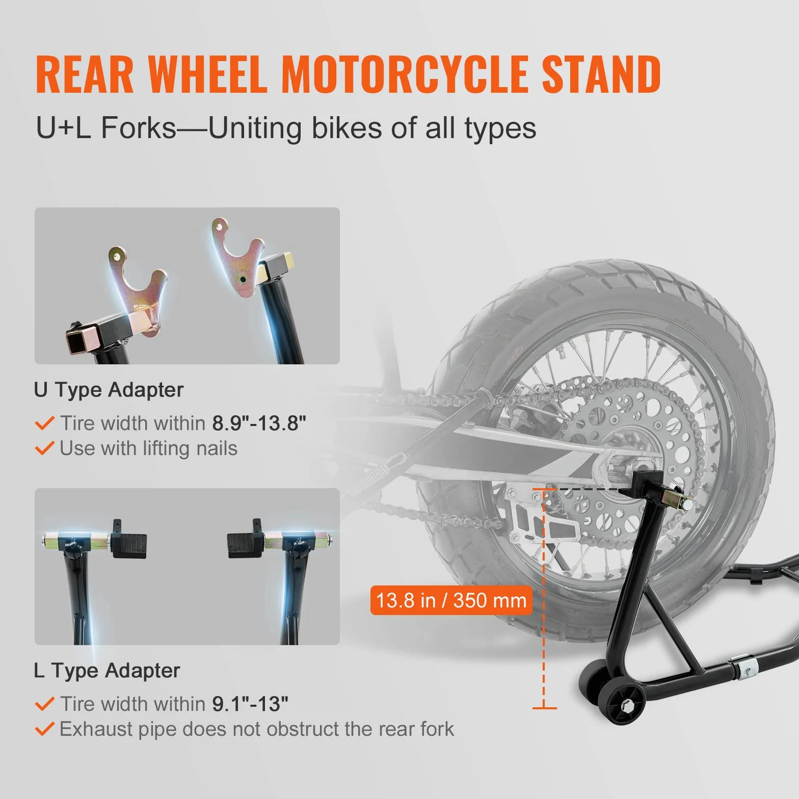 VEVOR Soporte de Moto para Carga de Rueda Trasera 0,39T Soporte de Taller con Brazo Ajustable Soporte de Rueda de Acero Elevador de Moto Compatible con Diámetro de Rueda 350mm Reparación Mantenimiento