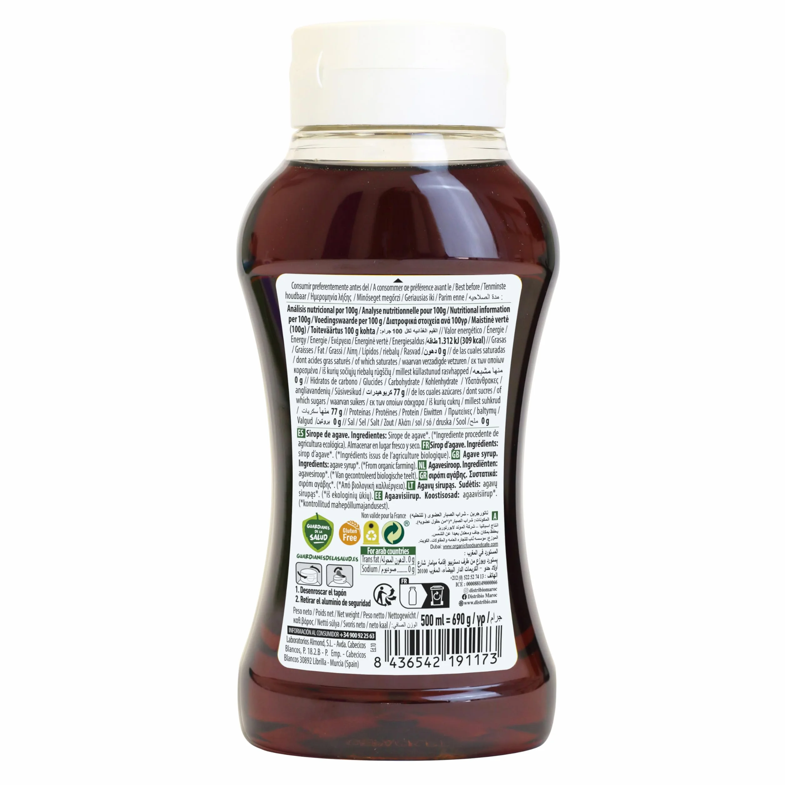 Sirope Agave crudo Ecológico Bio, Endulzante Natural, Pack 7 Unidades 500ml/690g