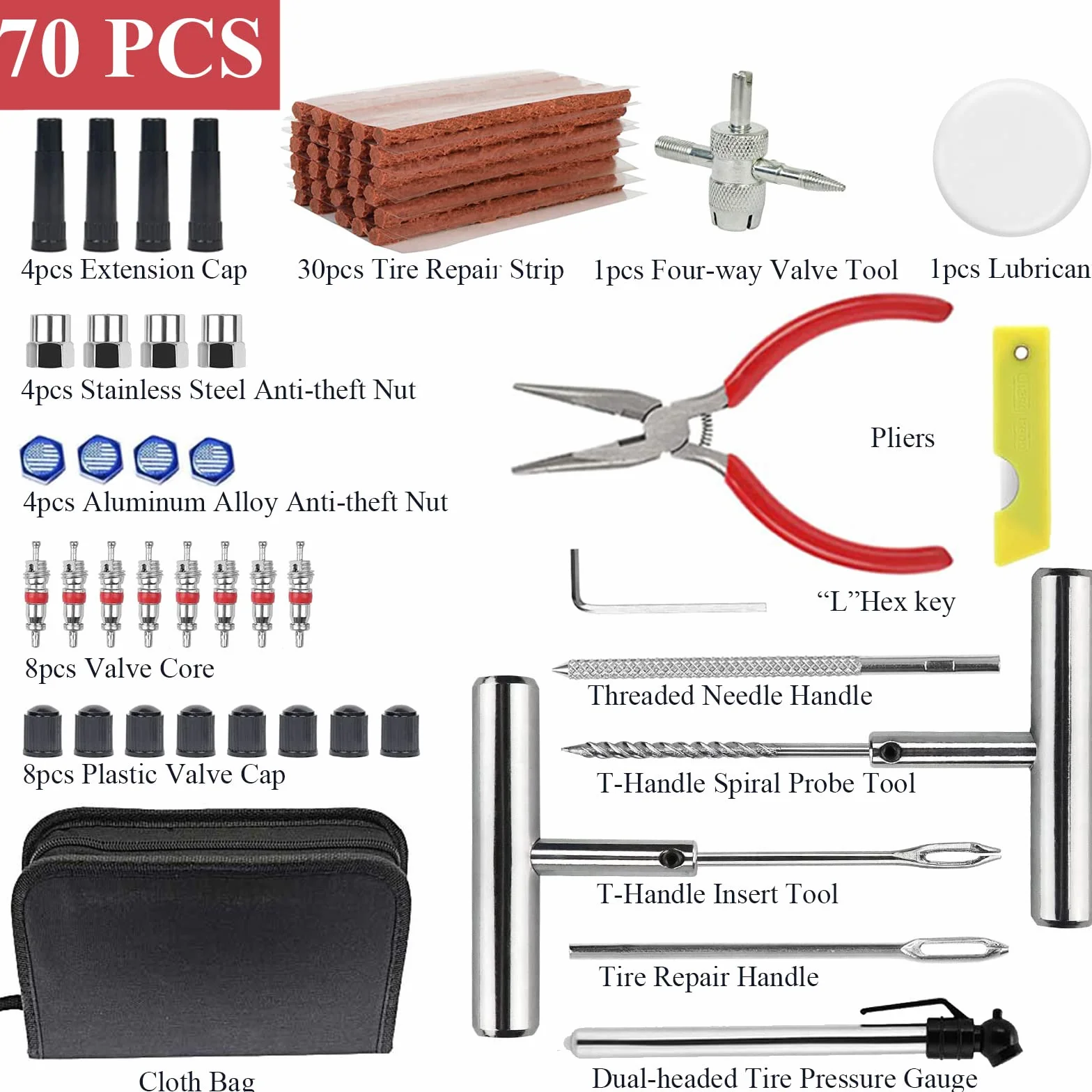 Kit Reparación Neumáticos,70pcs Kit Repara Pinchazos Coche,Kit Antipinchazos Moto,Herramienta Reparacion Pinchazos con 30pcs Mecha Pinchazos para Coche/Moto/Camiones/ATV/Tractores/SUV/Furgonetas y Más