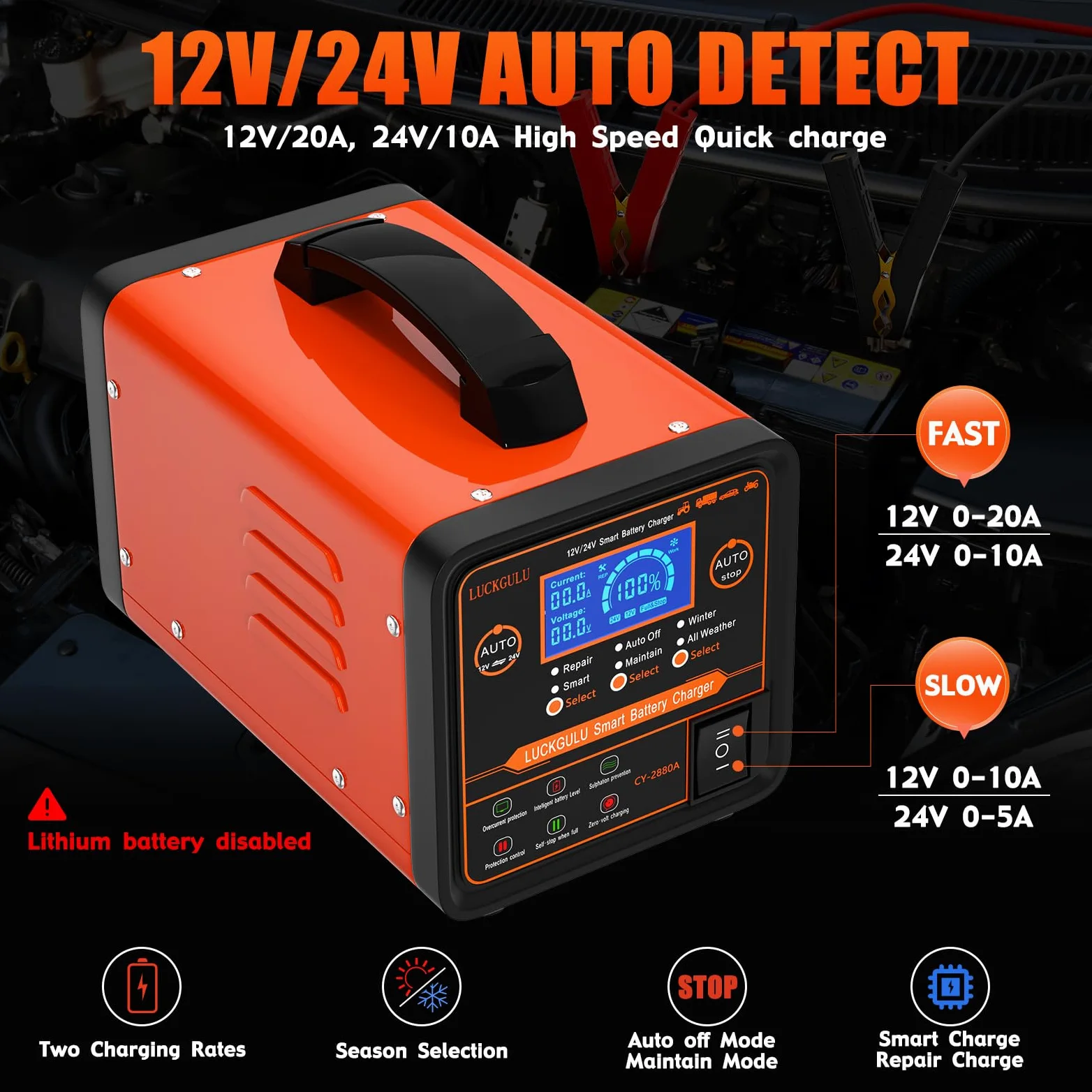 Cargador de batería de coche 12V/24V 20A, equipo automático de carga y mantenimiento de alta resistencia con modo reparación, programa de invierno y parada automática; cargador rápido para coches, cam