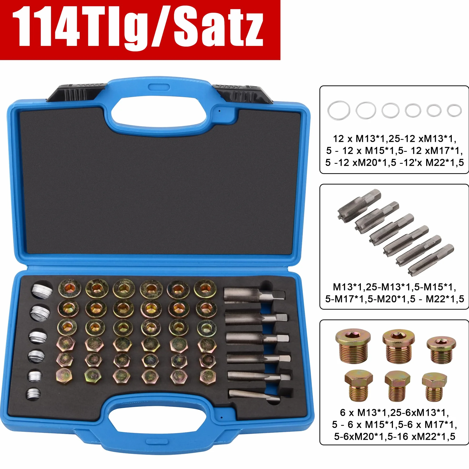 DAYUAN 114 piezas Kit de reparación de rosca para tanque de aceite con tornillos de drenaje M13 x 1,25 | M13 M15 M17 M20 M22 x 1,5