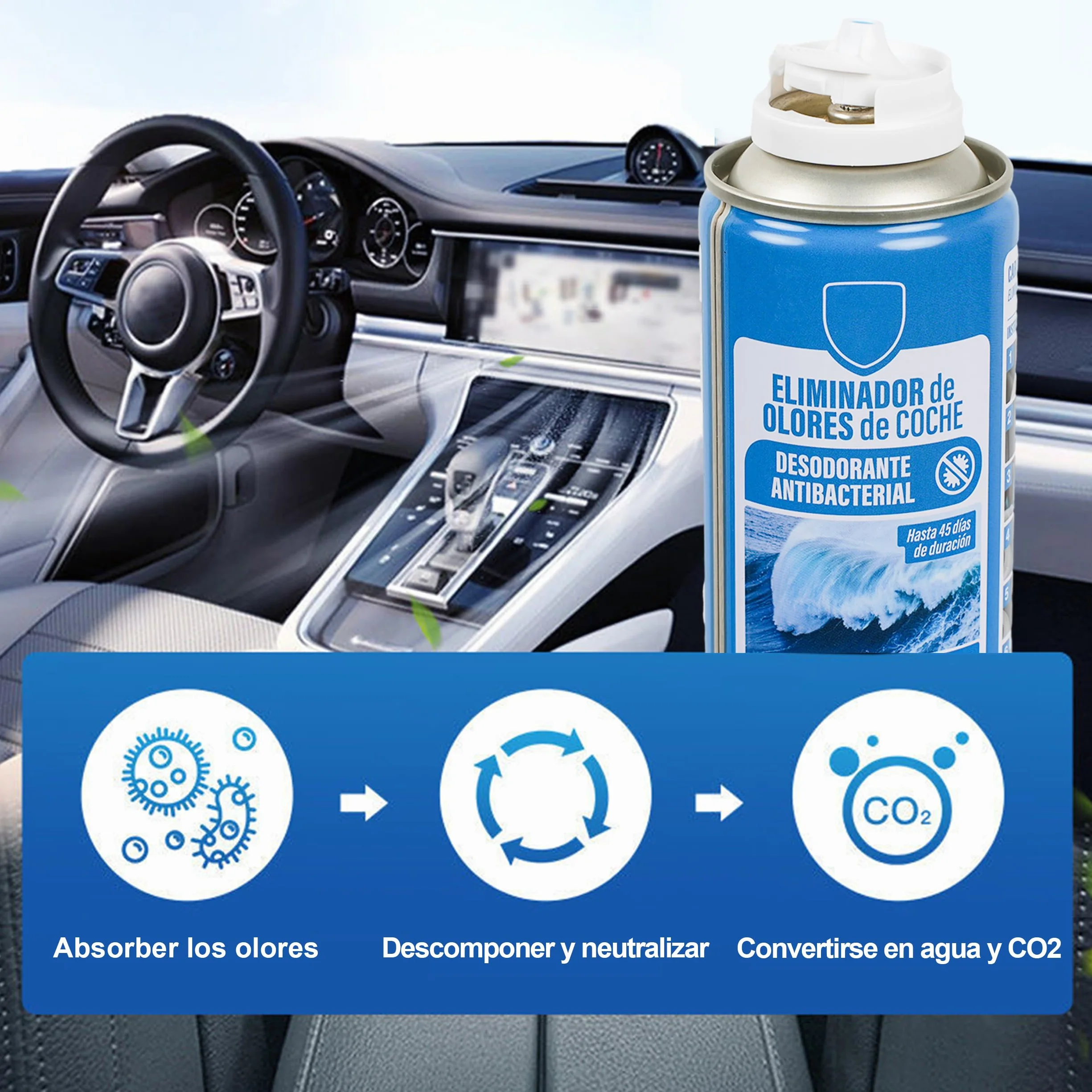 H HANSEL HOME Eliminador de Olores Coche de Descarga Única, Ambientador Coche Nuevo, Limpiador Aire Acondicionado Coche, Elimina el Olor y la Humedad, 1 Unidad x 150ml - Brisa Marina