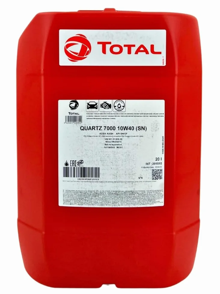 TotalEnergies Aceite de motor 10W-40 Quartz aceite parcialmente sintético ACEA A3/B4 API CF API SN 7000 20L Compatible con PEUGEOT 208 I Hatchback CA, CC, TOYOTA AYGO WNB1, KGB1, NISSAN, KIA RIO III