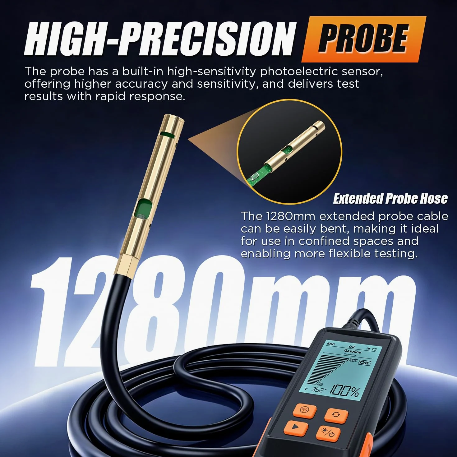 Probador de aceite de motor, probador de calidad de aceite de motor diésel y gasolina, sonda extendida de 50 pulgadas y respuesta rápida, analizador profesional de aceite de motor con pantalla LCD de