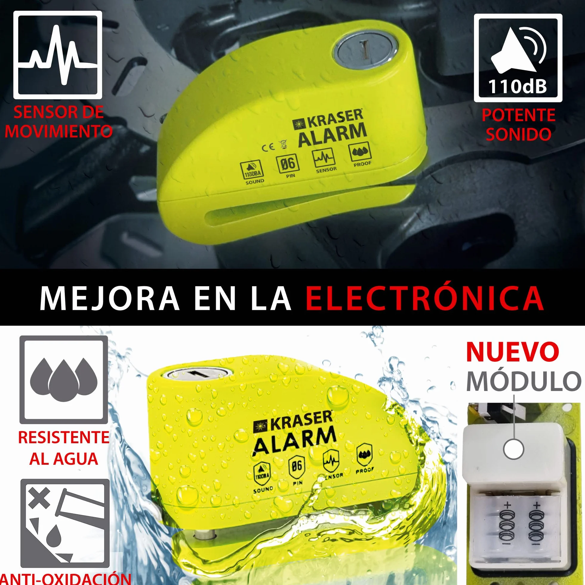 KRASER KR6Y Candado Moto con Alarma 110dB Antirrobo Disco Reforzado 3 Llaves Alta Seguridad Impermeable