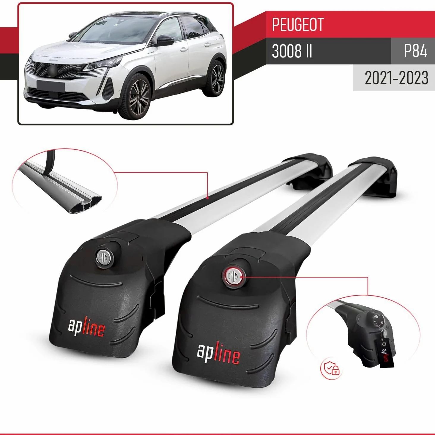 Compatible con Peugeot 3008 II (P84) Post-Facelift 2021-2023 Modelo Ace-2 Barra de Techo Auto Portaequipajes Barras Transversales Gris Aluminio 2 Barras