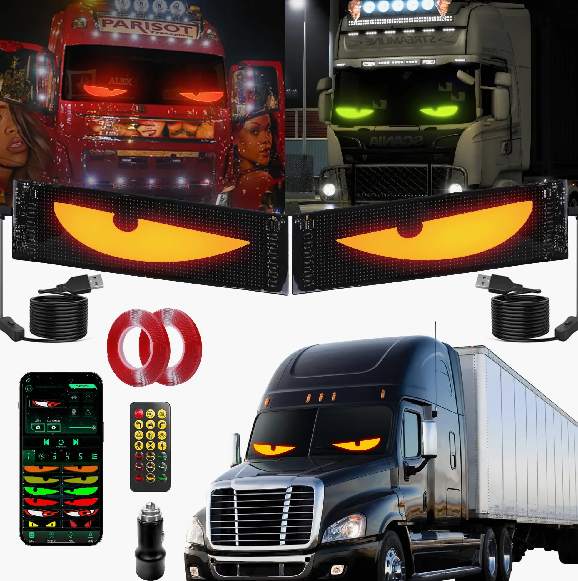 Sachie - 2 Tiras de luz LED, ojos de diablo para parabrisas de auto, camiones y camionetas, 23.6 x 4.73 pulgadas, personalizable, control en aplicación, IP68 impermeable, alimentado por USB