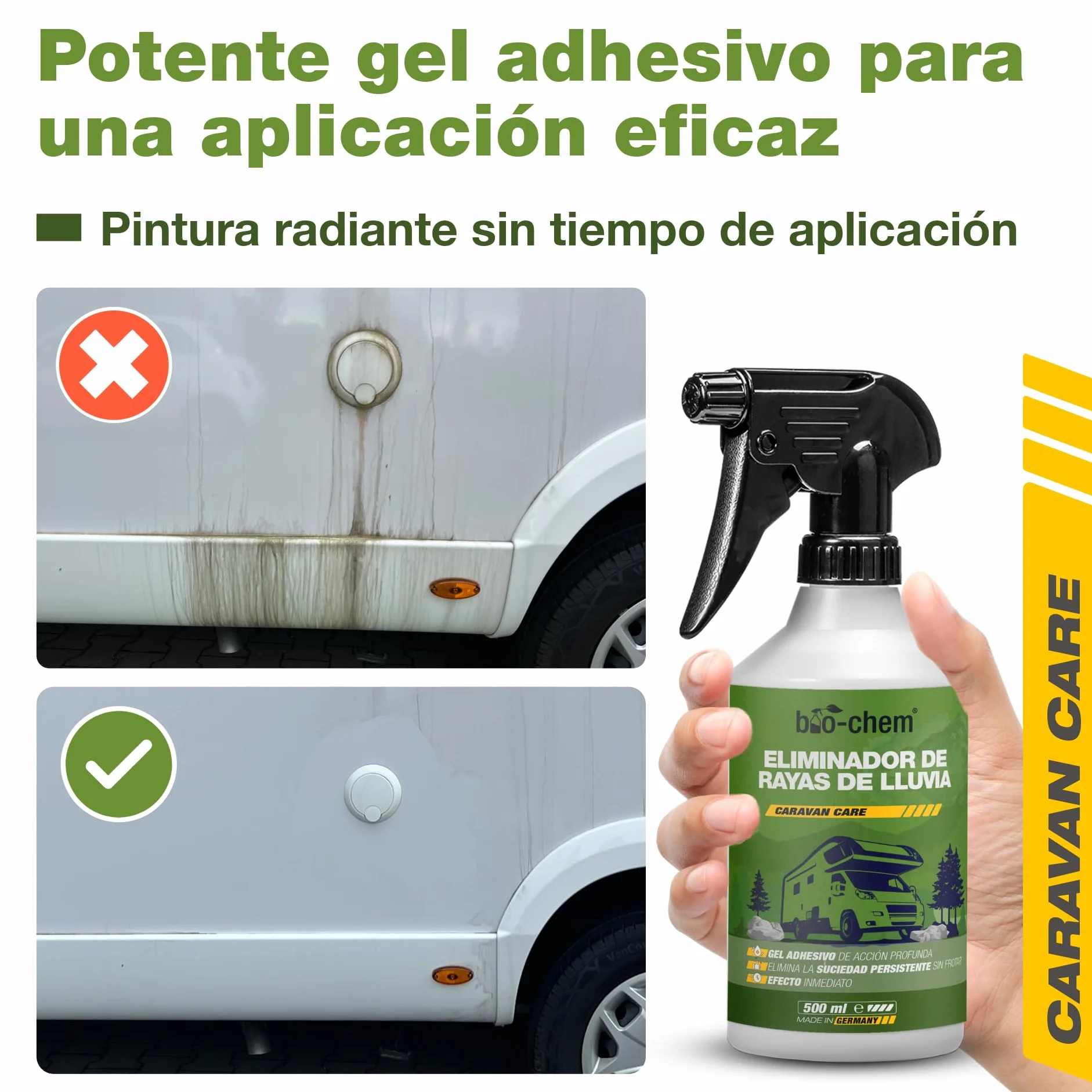 Bio-Chem - Quitamanchas de Lluvia 500ml + manopla microfibras para Parabrisas y Lunas de autocaravanas, caravanas y Coches - Producto Ideal para Lunas Durante Sus Vacaciones en Autocaravana