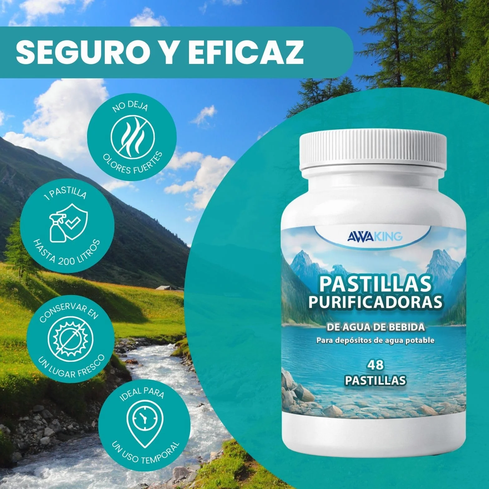 Awaking Pack 3 x 48 Pastillas Potabilizadoras de Agua | 144 Pastillas | Tratamiento hasta 28.800 Litros | 200L por Pastilla | Ideal para Depósitos y Caravanas.