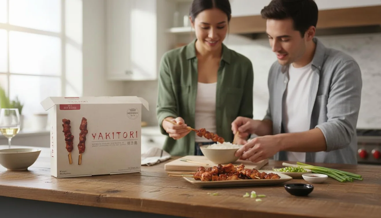 Komoro Oriental Bites Yakitori de Pollo Marinado en Salsa de Soja Dulce Estilo Japonés, 40 Brochetas 25g (1kg), Envío Refrigerado, Halal