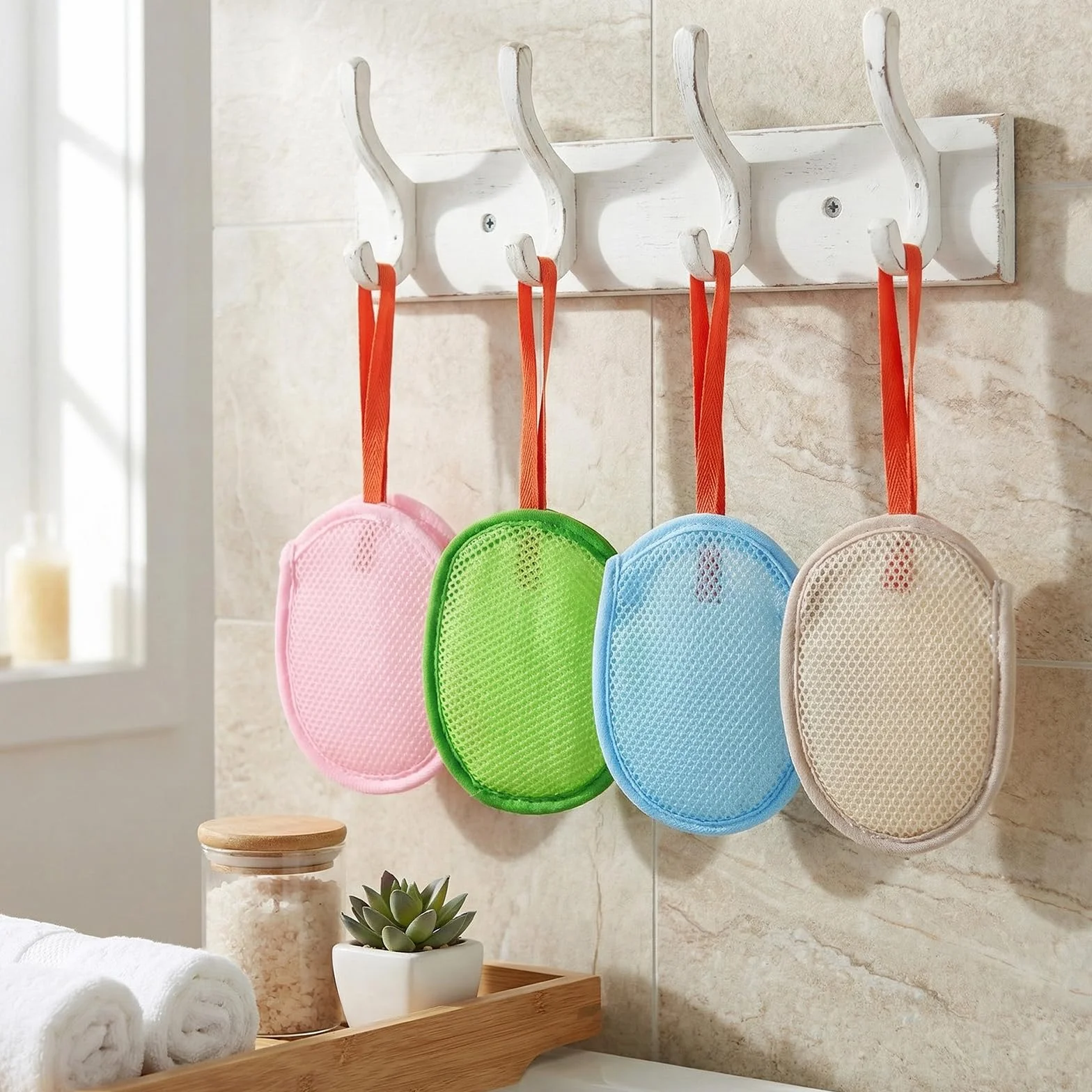 Bolsas de jabón de red para limpieza corporal, exfoliantes suaves, esponjas de baño con asa (azul, rosa, verde, caqui)