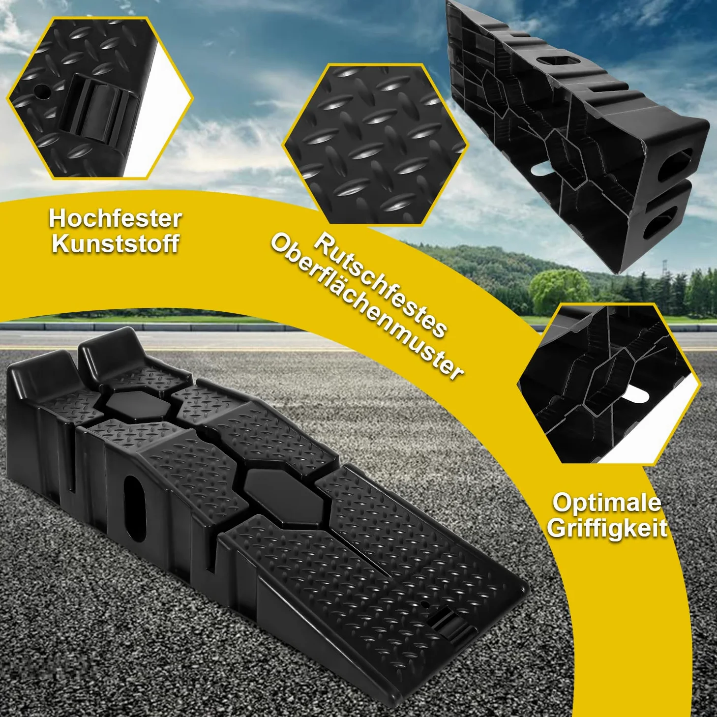 Sonnewelt Juego de 4 rampas de entrada de plástico, 90 cm, rampa de carga pesada de hasta 5000 kg/5T, rampa de entrada para coche, anchura de hasta 330 mm, 90 x 33 x 22 cm