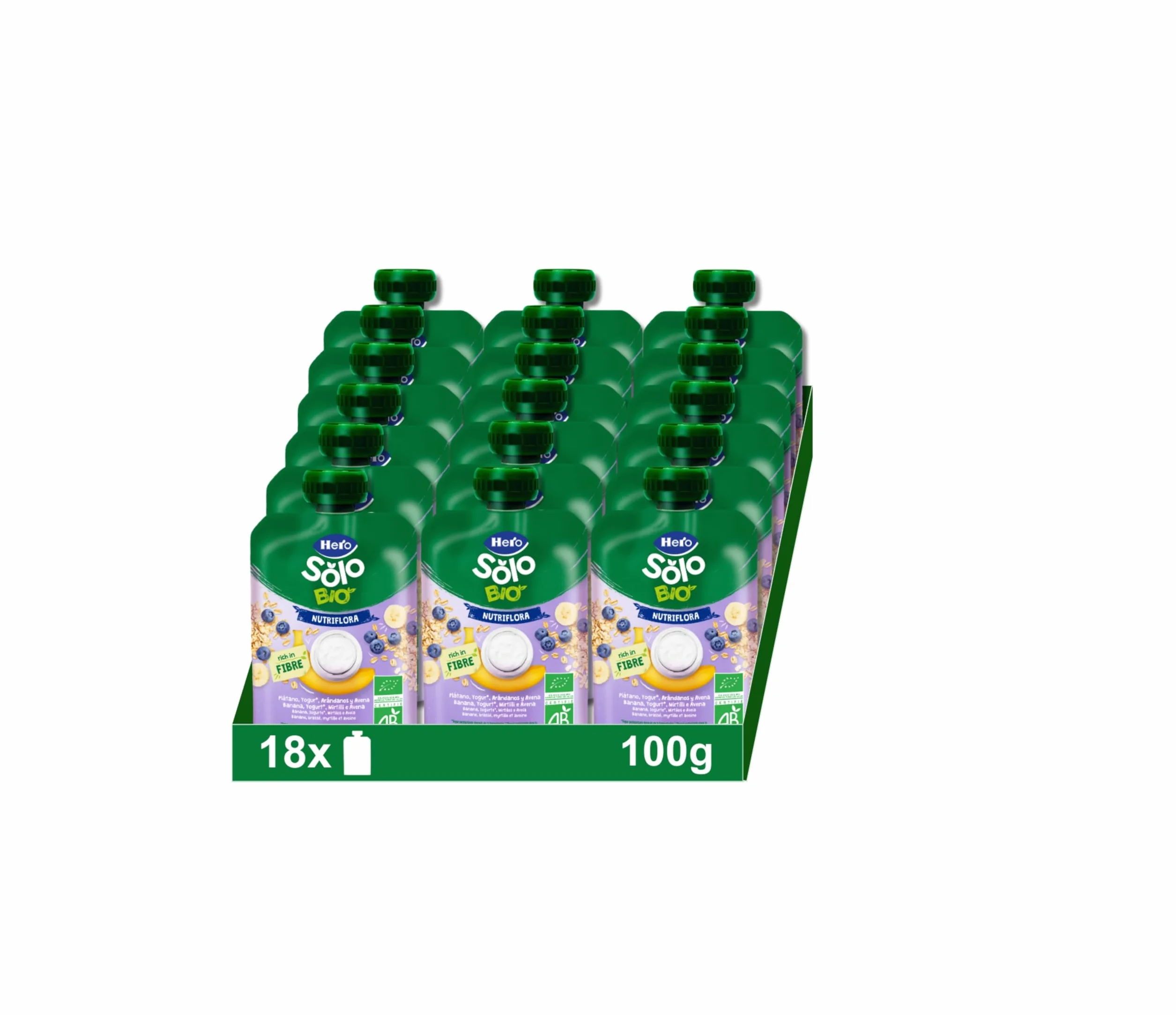 Hero Solo Bolsitas Ecológicas de Plátano Arándanos Yogur Avena Fibra Sin Conservantes Aditivos Aceite Palma Azúcares Añadidos 6 Meses Pack 18 x 100 g